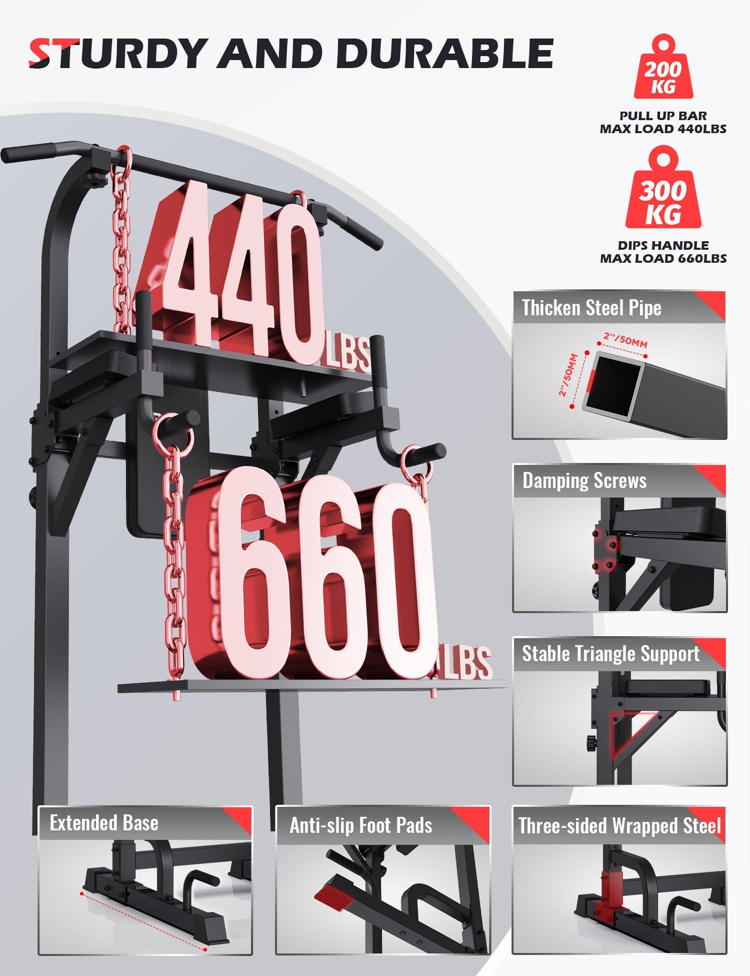 PASYOU Klimmzugstange PU40 (Freistehend Power Tower, 6 in 1 Verstellbar Kraftturm Dip Station), Multifunktionale Pull Up station, Maximale Belastung 300kg