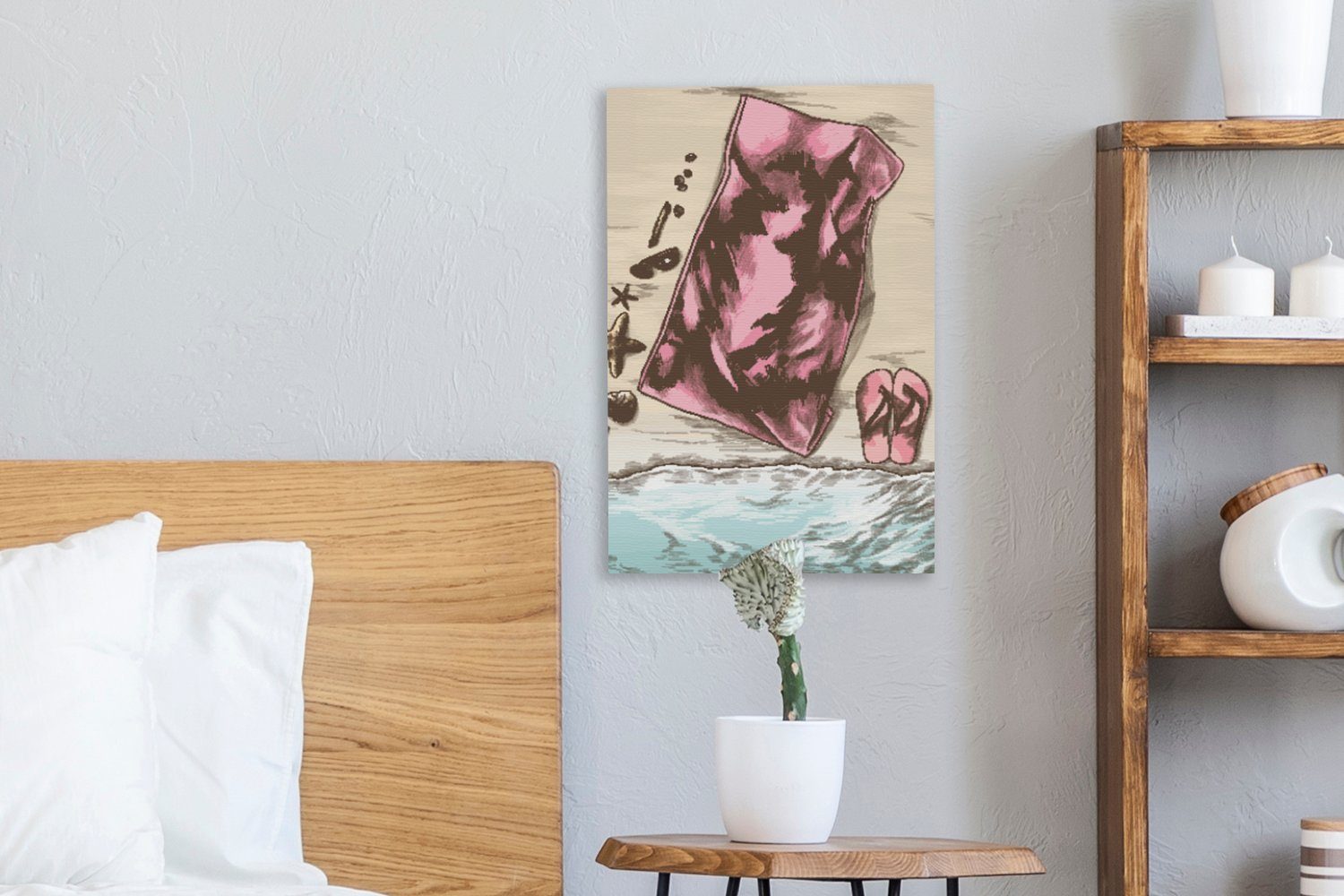 bespannt OneMillionCanvasses® St), inkl. Strand Handtuch fertig - Gemälde, 20x30 Leinwandbild Hausschuhe, (1 Zackenaufhänger, - Leinwandbild cm