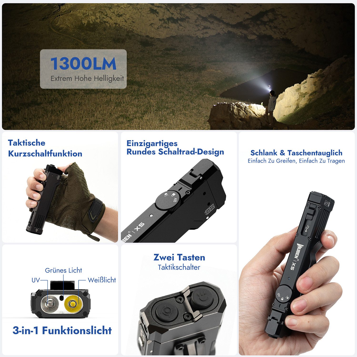 Wuben Taschenlampe X5, 3-in-1 Lichtsystem mit UV-Licht und grünem Licht, USB-C-Ladefunktion