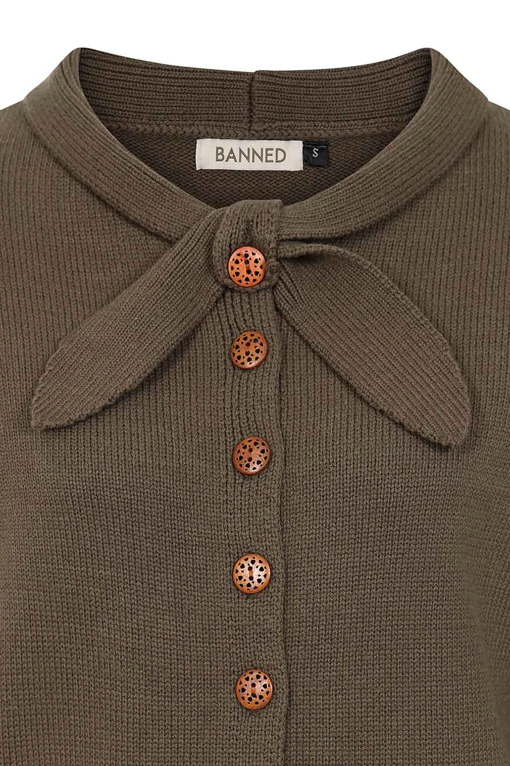 Banned Strickjacke Katy Knot Cardigan Olivgrün Vintage Schluppe Schleife