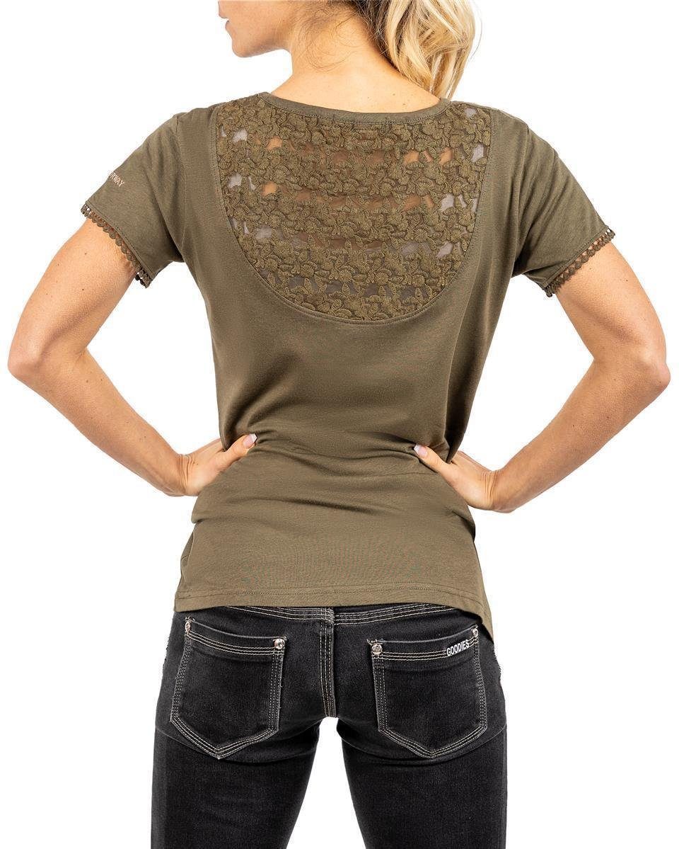 Geo Norway T-Shirt Damen Regular Fit Kurzes Hemd bajosiane Khaki S mit Spitze am Rücken