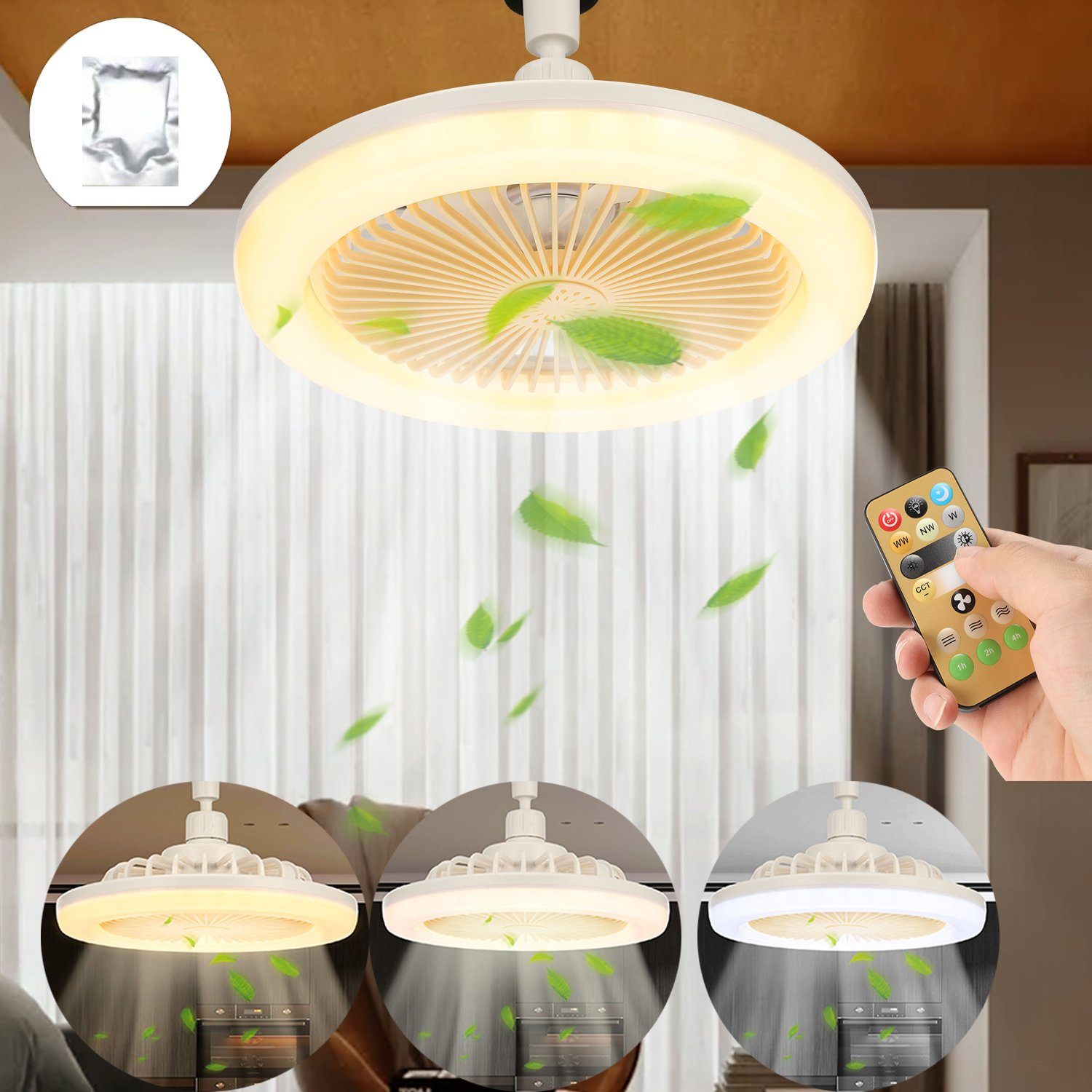 oyajia Deckenventilator 30W LED Deckenleuchte mit E27 Ventilator, 3-stufiger Windstärke, Dimmbar mit Fernbedienung, für Kinderzimmer Küche Garage Lagerraum