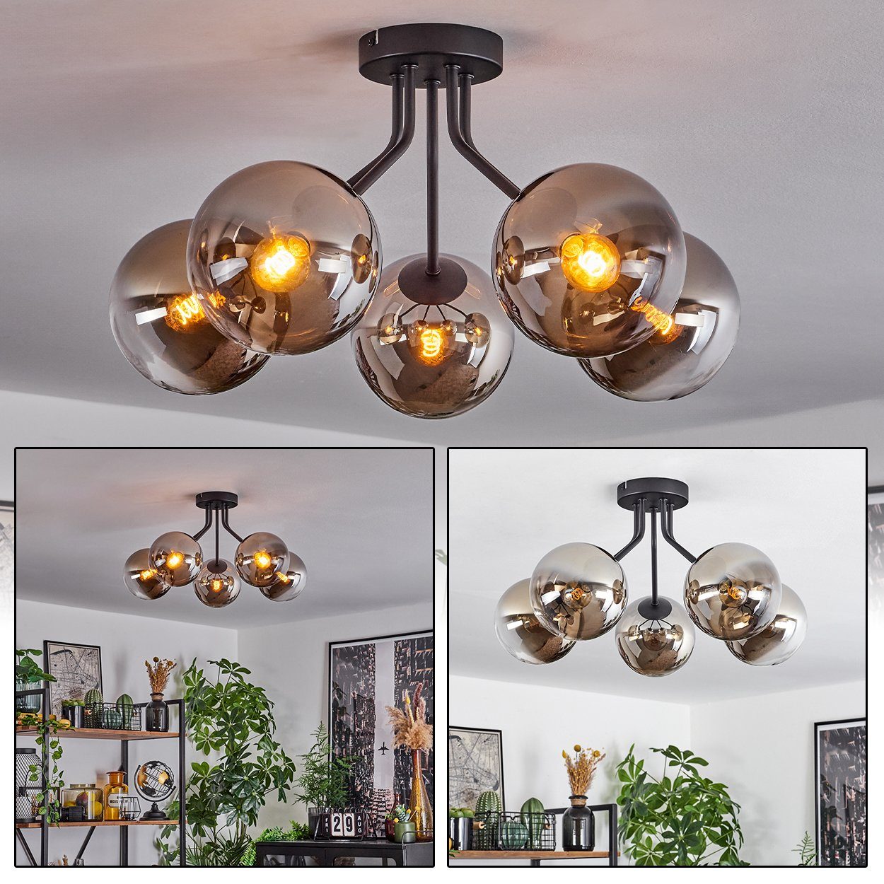 hofstein Deckenleuchte moderne Deckenlampe aus Metall/Glas in Schwarz/Rauch günstig online kaufen