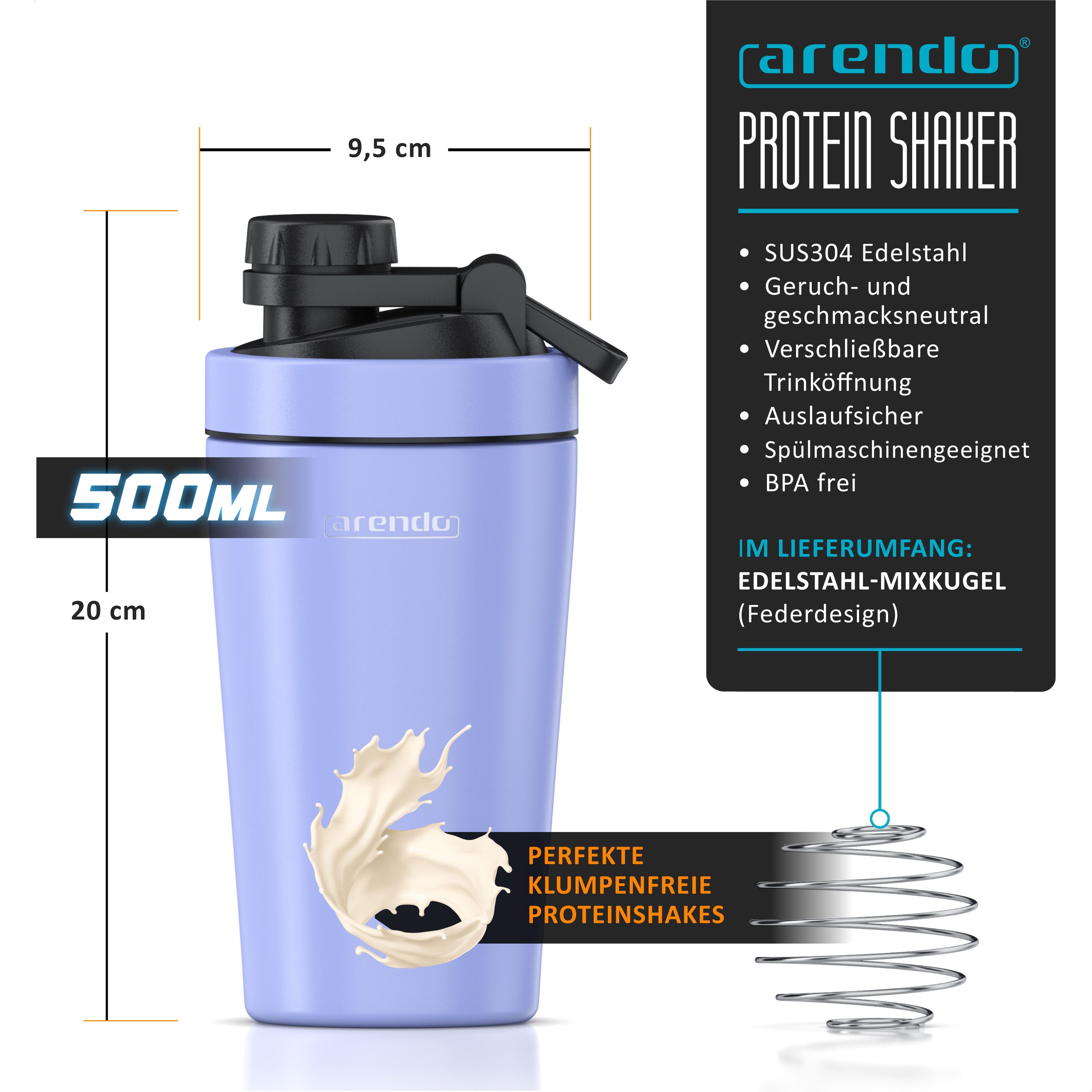 Arendo Protein Shaker Edelstahl Eiweißshaker 500 ml, verschließbar, bruchfest, BPA-frei, Edelstahl, (1-tlg), auslaufsicher, spülmaschinengeeignet, mit Tragegrif – Bild 2 von 5