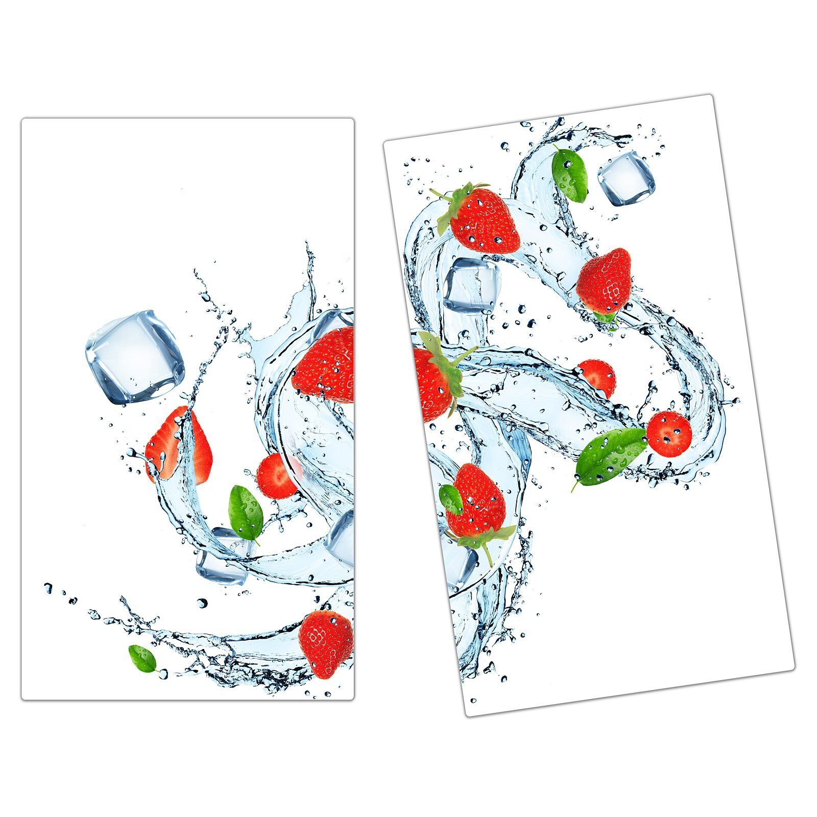 Primedeco Herd-Abdeckplatte Herdabdeckplatte Spritzschutz aus Glas Erdbeeren im Eiswürfelsplash, Glas, (2 tlg)