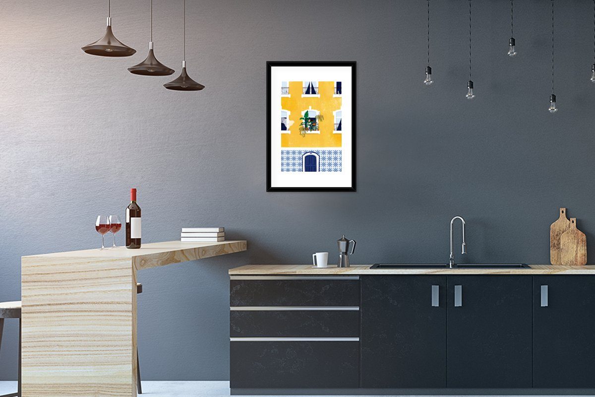 - Schwarzem Rahmen, Pflanzen, mit Gerahmtes Wohnung Gelb - - Poster, Bilderrahmen MuchoWow (1 Kunstdruck, Architektur St), Poster