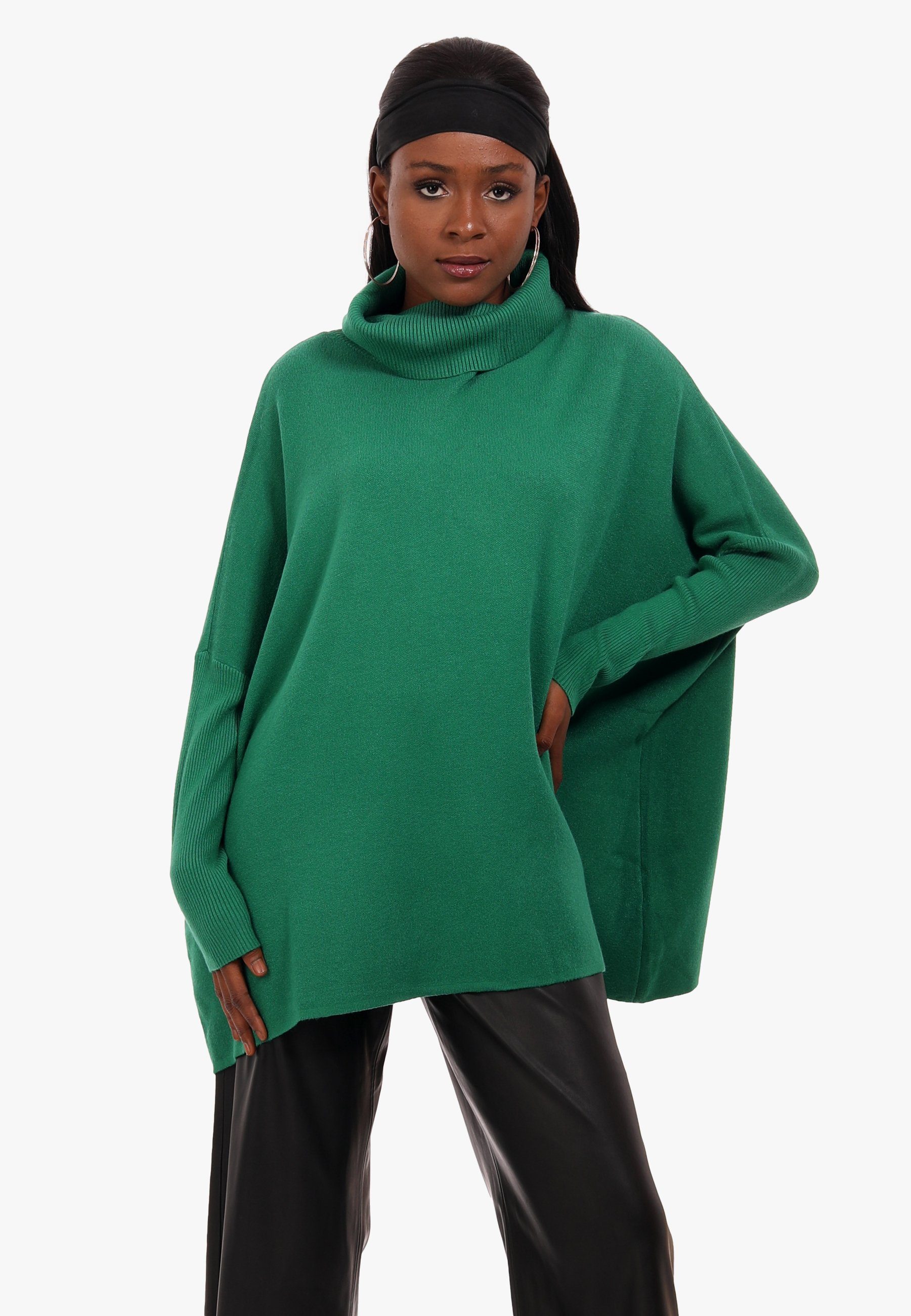 Size Oversize Style & Unifarbe (1-tlg) Rollkragen Loose-Fit grün Strickkleid Strickpullover in YC mit One Fashion Strickkleid