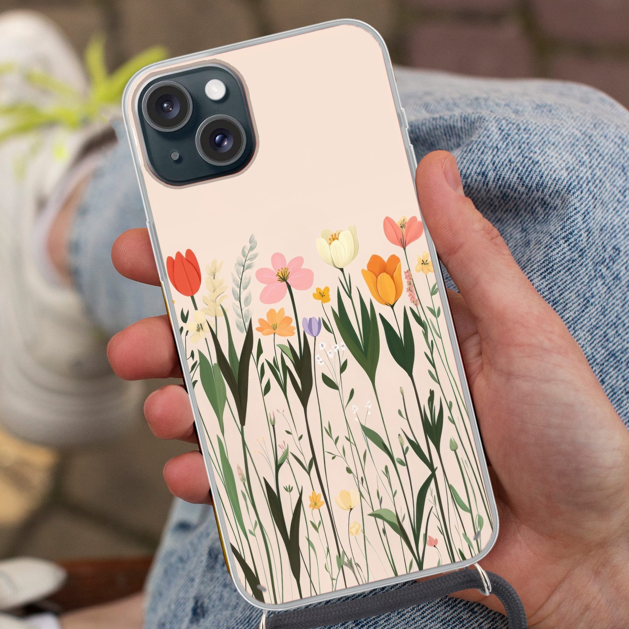 MuchoWow Handyhülle für Apple iPhone 15 Pastelltöne - Blumen - Illustration, Tragbare Handyhüllen mit Kette zum umhängen, Handykette Handyband
