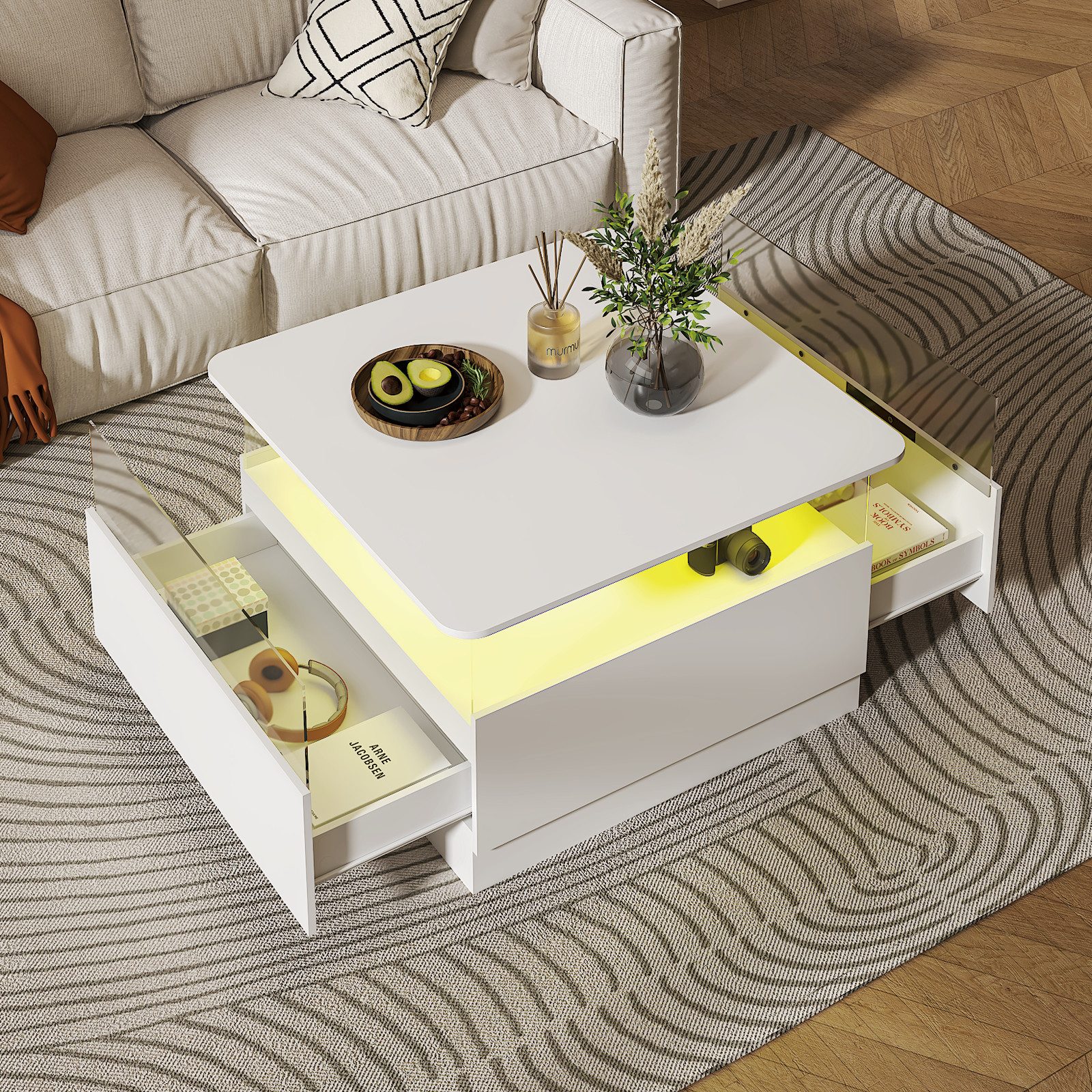 radelldar Couchtisch quadratisch mit LED-Beleuchtung und 2 Acryltüren-Schubladen (1-St), Wohnzimmertisch Beistelltisch, 78x78x48cm – Bild 5 von 5