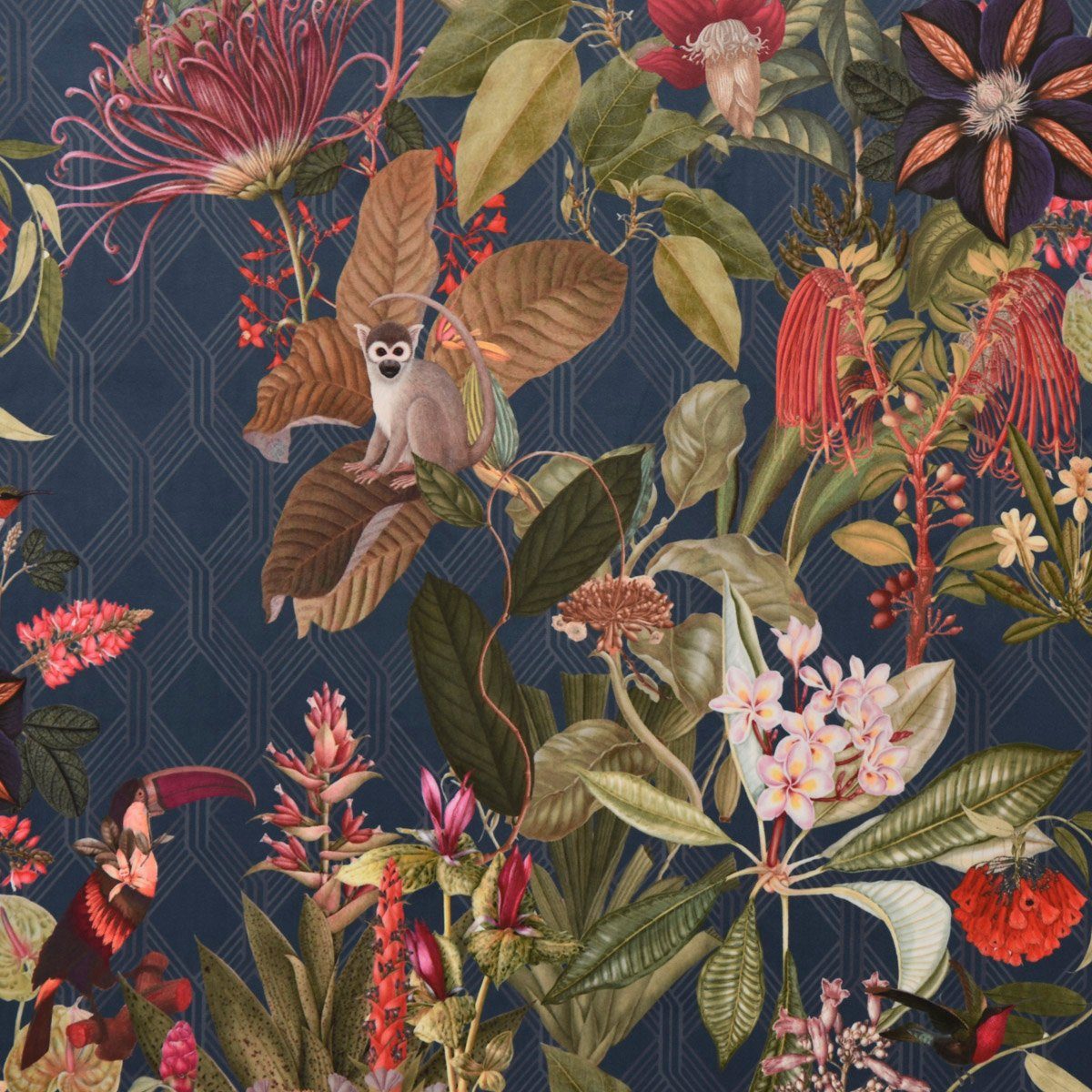SCHÖNER LEBEN. Stoff Samtstoff Meterware Dekostoff Dschungel Botanic Chic Botanik blau, pflegeleicht