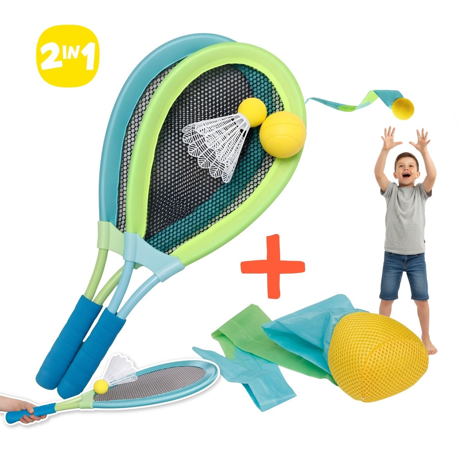 alldoro Federballschläger XL Federball & Soft Tennis Set mit Schweifball für Kinder & Erwachsene, 3 Outdoorspiele für Garten, Strand & Park mit extra großen Schlägern