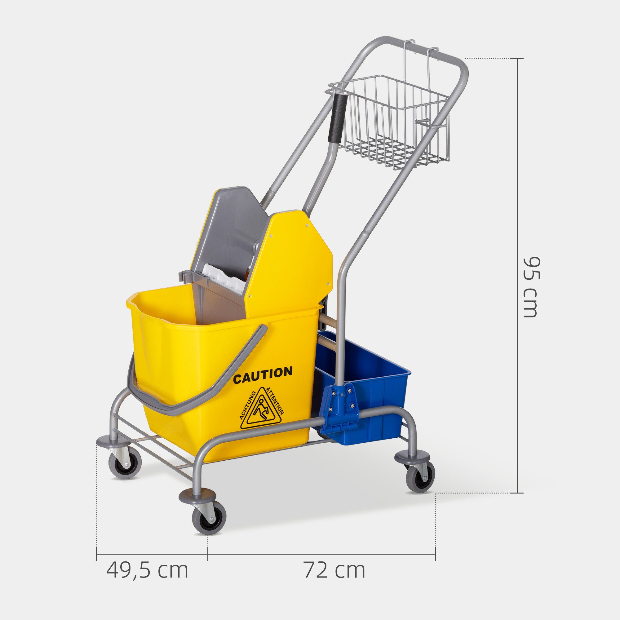 HOMCOM Putzwagen Fahreimer, Putzeimer, Wischwagen mit Haken für Mopp Gelb, (Set, 1-St., Reinigungswagen mit Eimer und Korb), 25L Eimer, Auswringvorrichtung, 4 Rollen