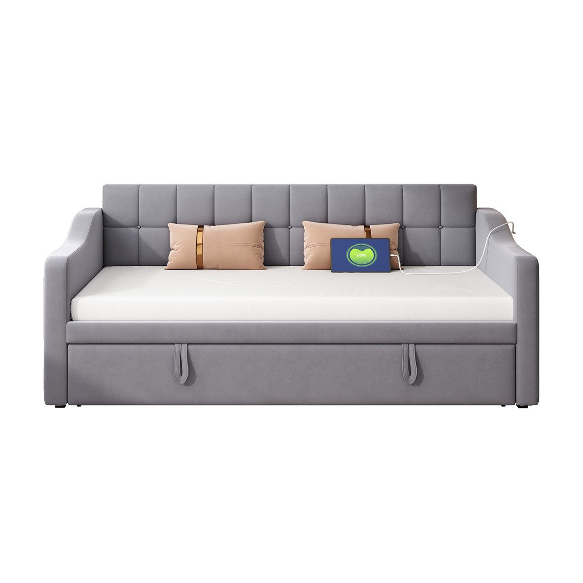 XDeer Schlafsofa Polsterbett mit Steckdose und Aufbewahrungstasche 2 in 1, Schlafsofa Multifunktionsbett Jugendbett Gästebett Grau