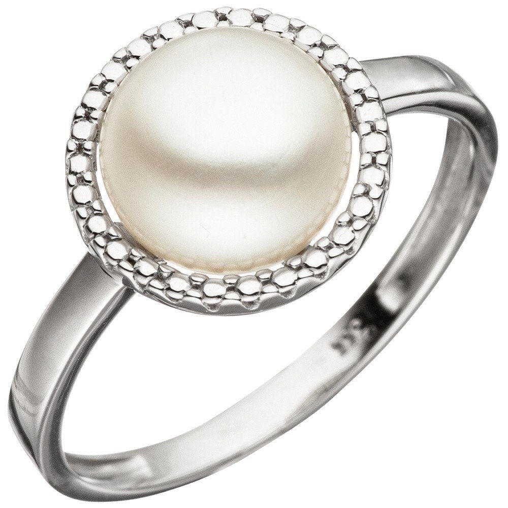Schmuck Krone Fingerring Ring Damenring mit Süßwasser Perle 333 Gold Weißgold Perlenring Fingerschmuck, Gold 333