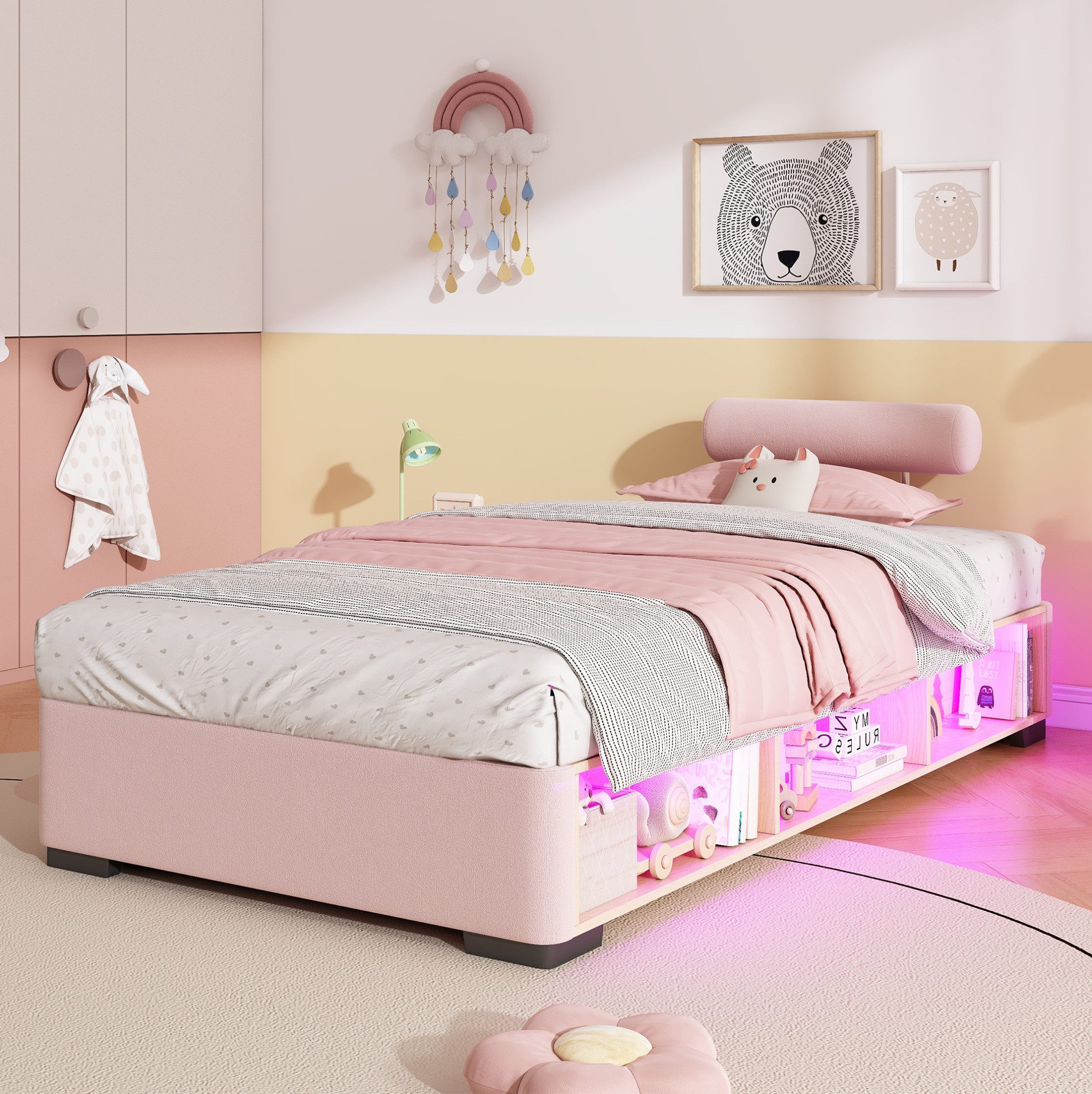 REDOM Polsterbett offenem Stauraum und 3-seitig flexibler Kopfstütze, Kinderbett (mit LED-Regal, Jugendbett, Stauraumbett 90x200 cm), Inklusive Matratze