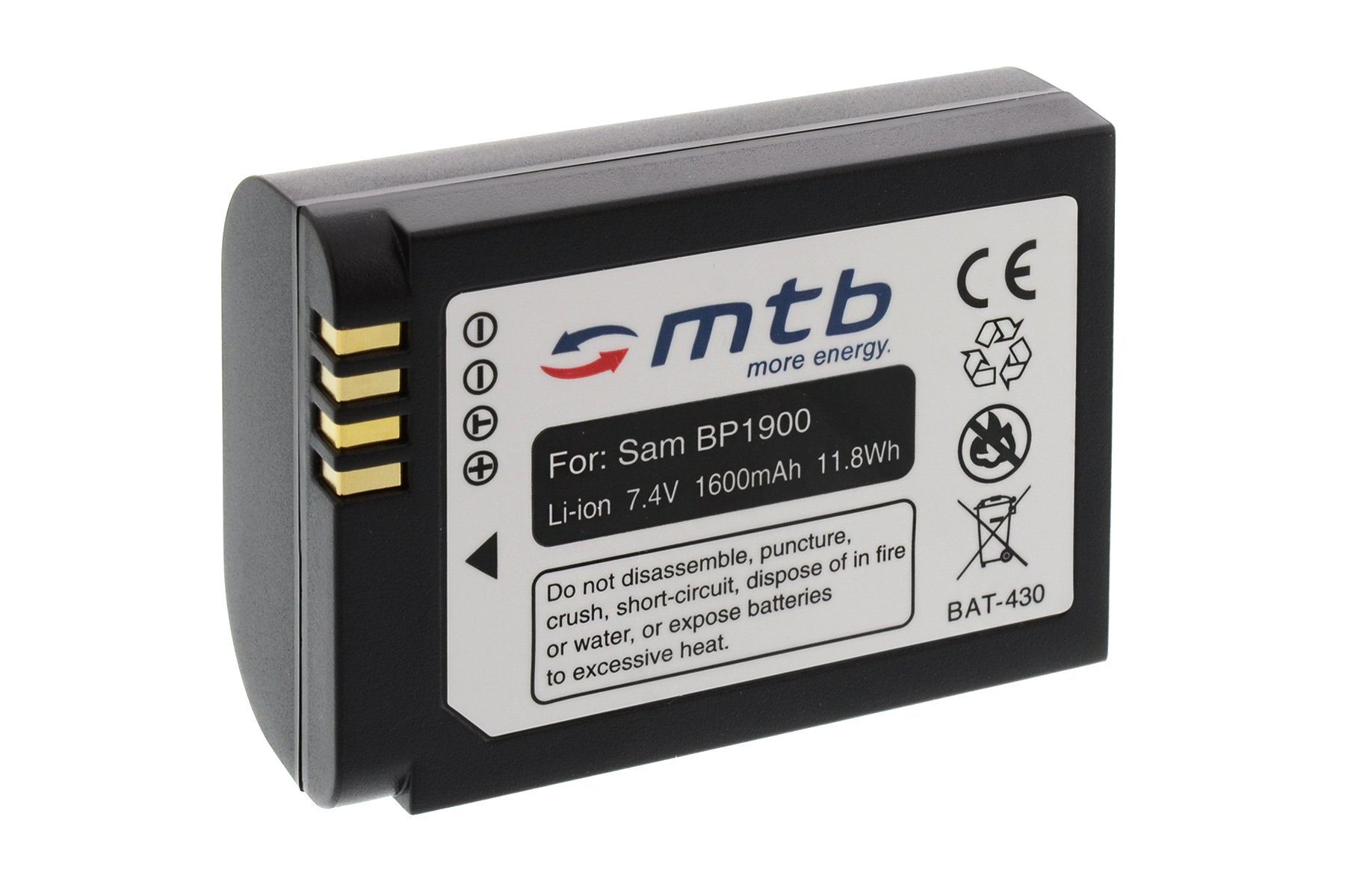 mtb more energy [BAT-430 - Li-Ion] Kamera-Akku kompatibel mit Akku-Typ Samsung BP1900 1600 mAh (7,4 V), passend für: Samsung Smart Camera NX1, NX-1…