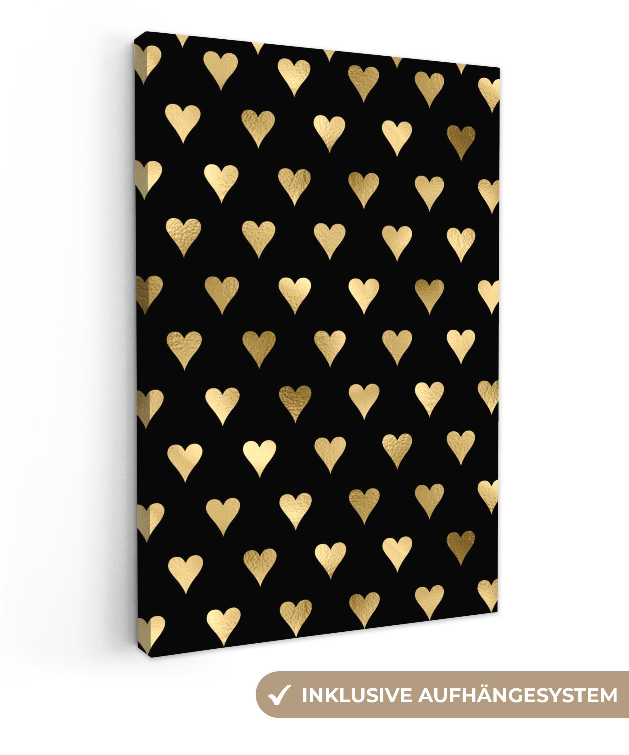 OneMillionCanvasses® Leinwandbild Muster - Herz - Gold, (1 St), Leinwandbild fertig bespannt inkl. Zackenaufhänger, Gemälde, 20x30 cm