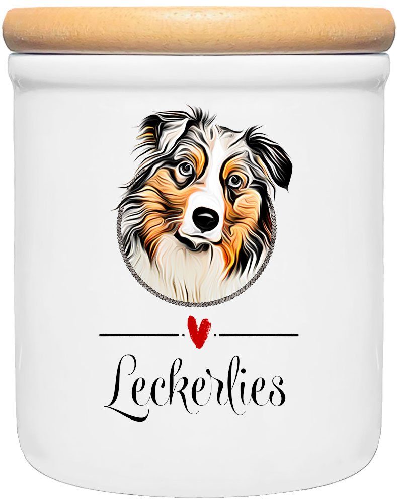 Cadouri Vorratsdose AUSTRALIAN SHEPHERD - Leckerlidose Hund - für Hundekekse, Keramik, (Leckerlidose mit Hunderasse, 2-tlg., 1x Keramikdose mit Holzdeckel), Hundekeksdose, handgefertigt in Deutschland, für Hundebesitzer, 400 ml