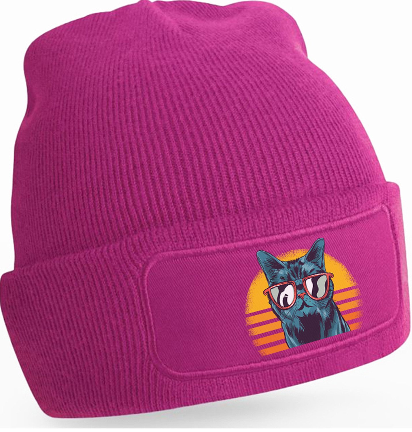 Strickmütze für kalte Tage - Beanie mit Umschlag und stylischem Katzen Print
