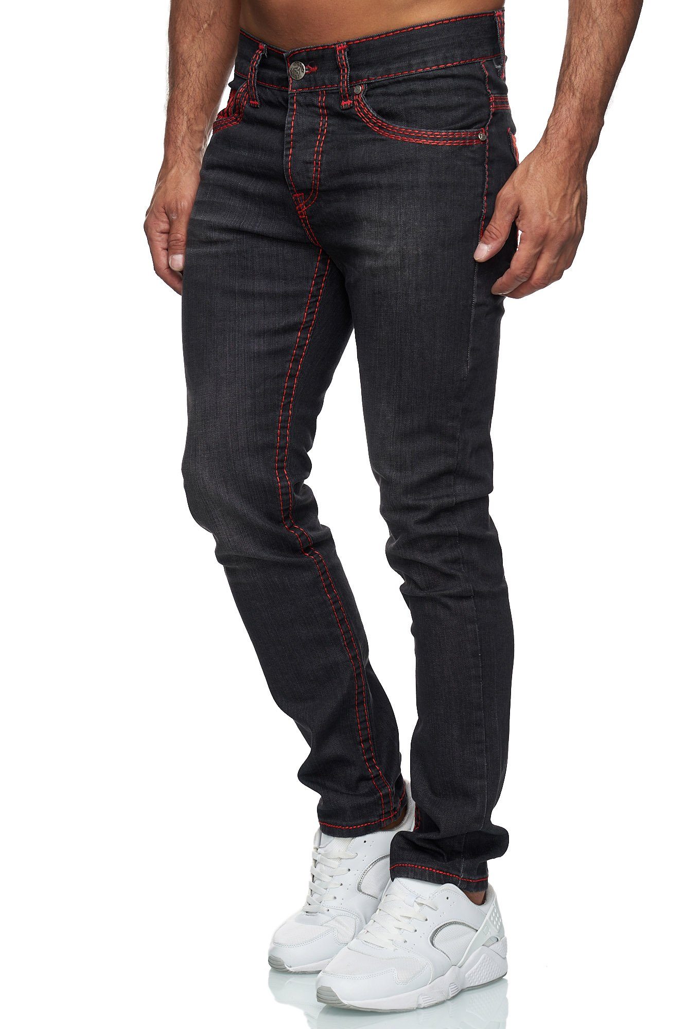 Baxboy Jeans Dicke Regular-fit-Jeans Herren Fit 9574 Stretch Denim Stonewashed Schwarz_Rot Neon-Naht Straight