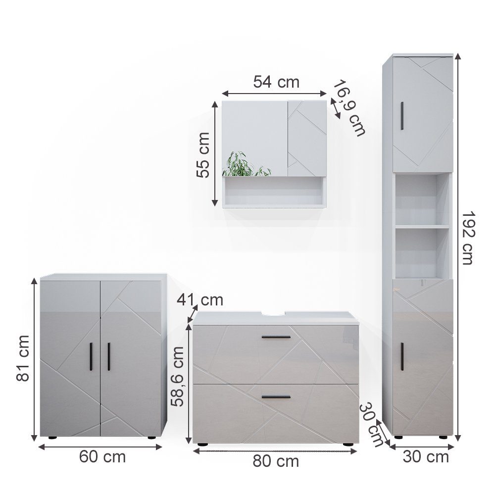 Vicco Badmöbel-Set Irma, Weiß Hochglanz, 4 Teile, mit Schubladenschrank und Midischrank, (4-St., 4er Set)