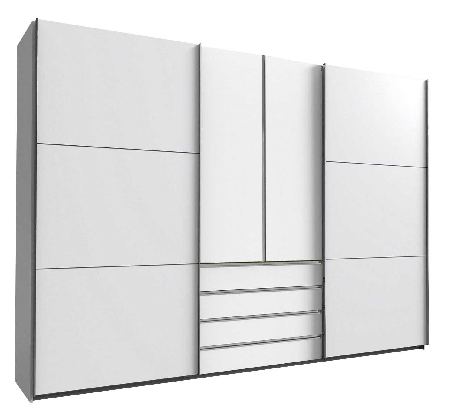 Wimex Dreh-/Schwebetürenschrank Magie (2 Drehtüren, 2 Schwebetüren, Einlegeböden, Kleiderstangen, Schubladen, 1-St., moderne Optik, chromfarbene Metallgriffleisten) 300x65x236cm weiß