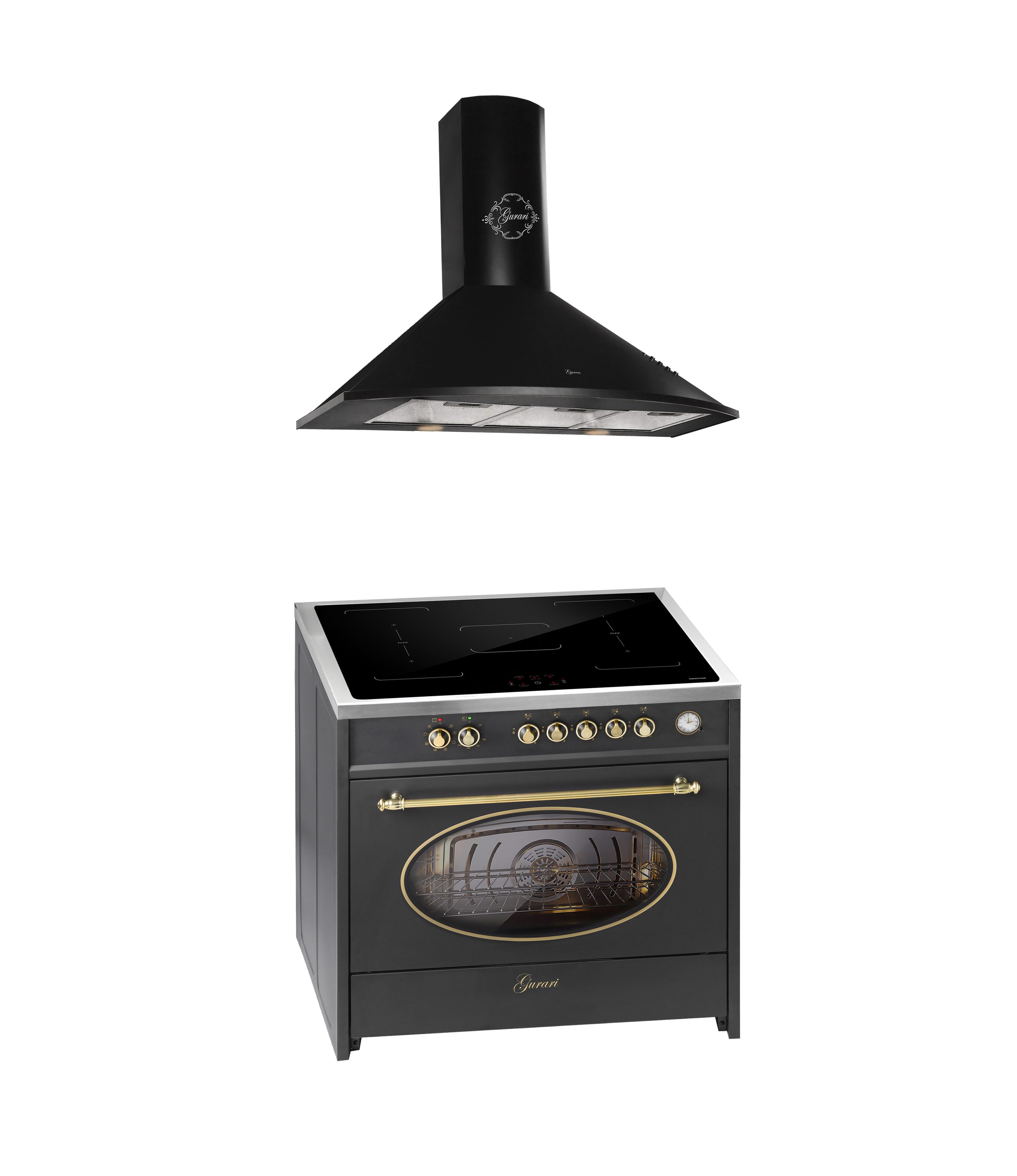 GURARI Induktions-Standherd E 913 RU BL+GCH 046 Bl 9, mit 1-fach-Teleskopauszug, Retro Range Cooker 90 cm/ 121L+Dunstabzugshaube 90 cm