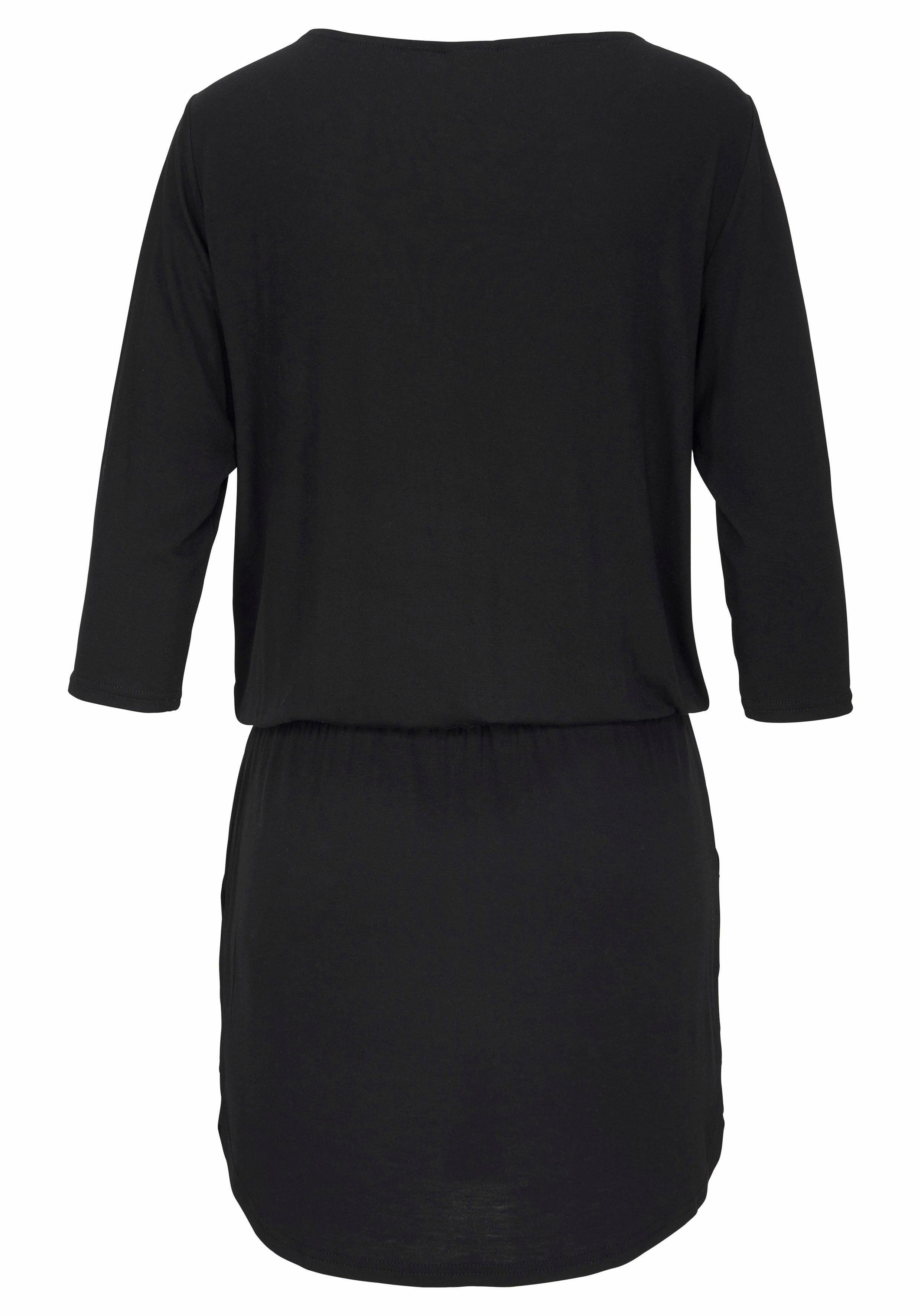 LASCANA Jerseykleid mit goldfarbenem Reißverschluss und Taschen, Gummizug in Hüfthöhe Sommerkleid mit 3/4-Ärmeln, luftiges Viskosekleid, Strandkleid, casual