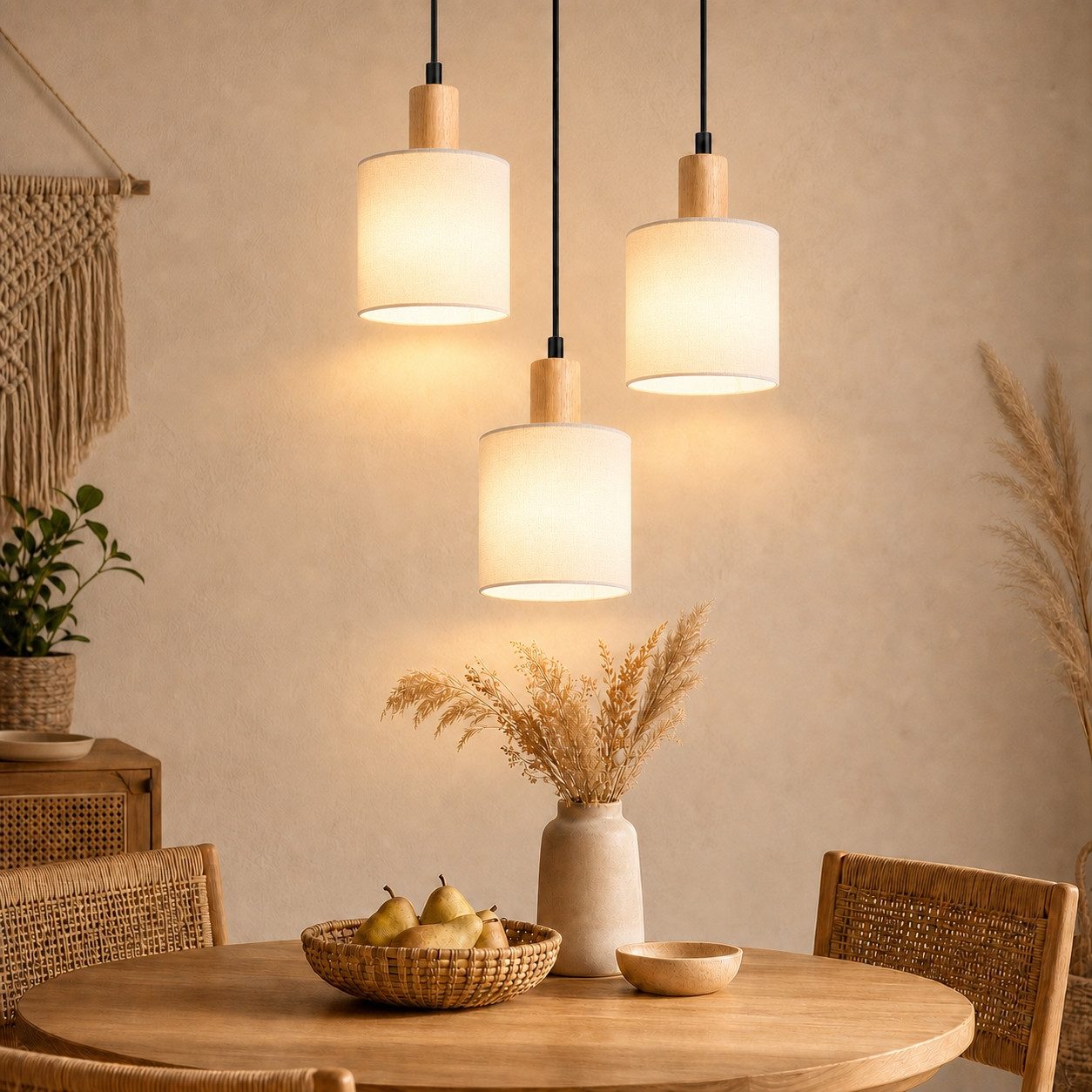 Nettlife Pendelleuchte Vintage Holz Stoff Weiß 1/3 Flammig E14 Rustikale Beleuchtung, Höhenverstellbar, LED wechselbar, Küche Wohnzimmer Restaurant Schlafzimmer Flur