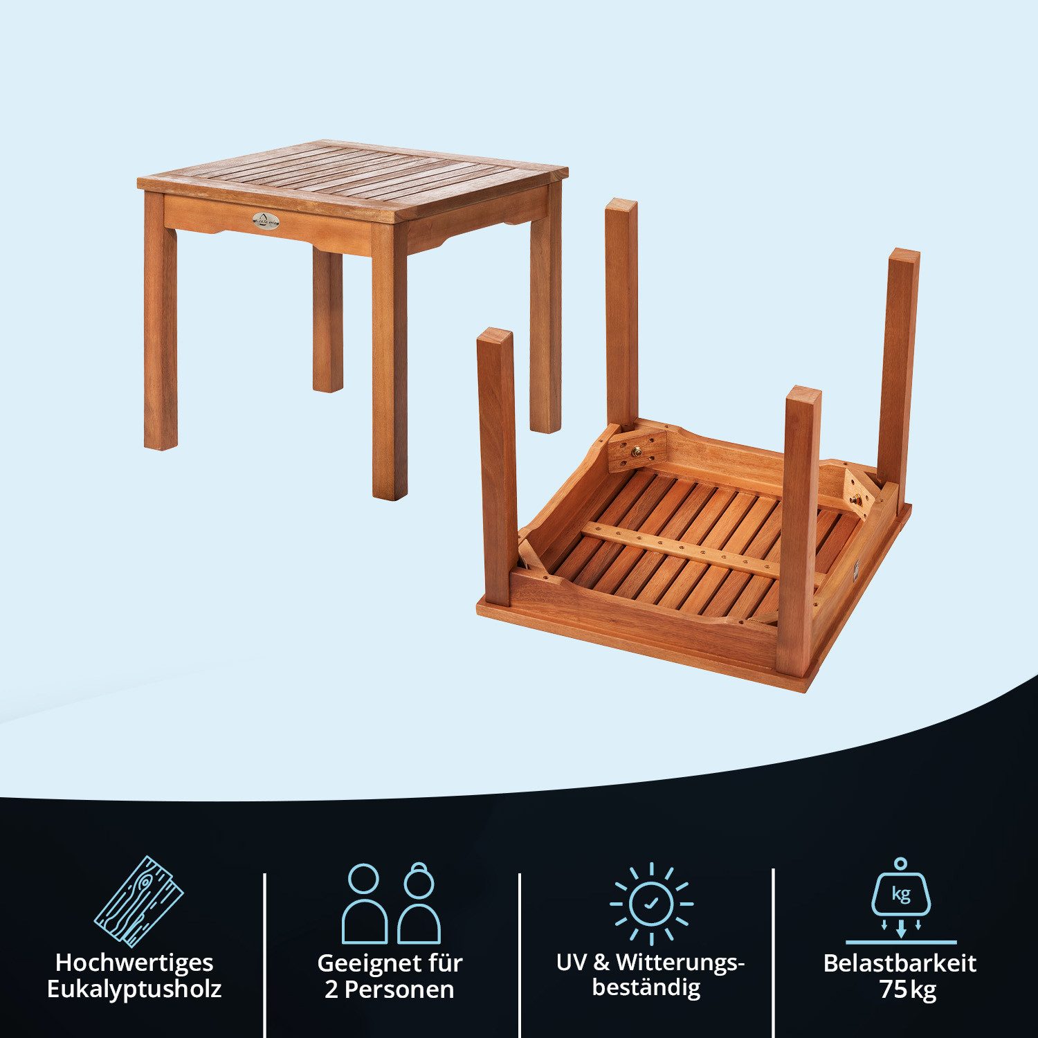 KHG Beistelltisch Balkontisch 50x50 cm, bis 75 kg belastbar (Outdoor-Tisch), aus Eukalyptus-Holz, zum Schutz geölt, FSC-Zertifiziert