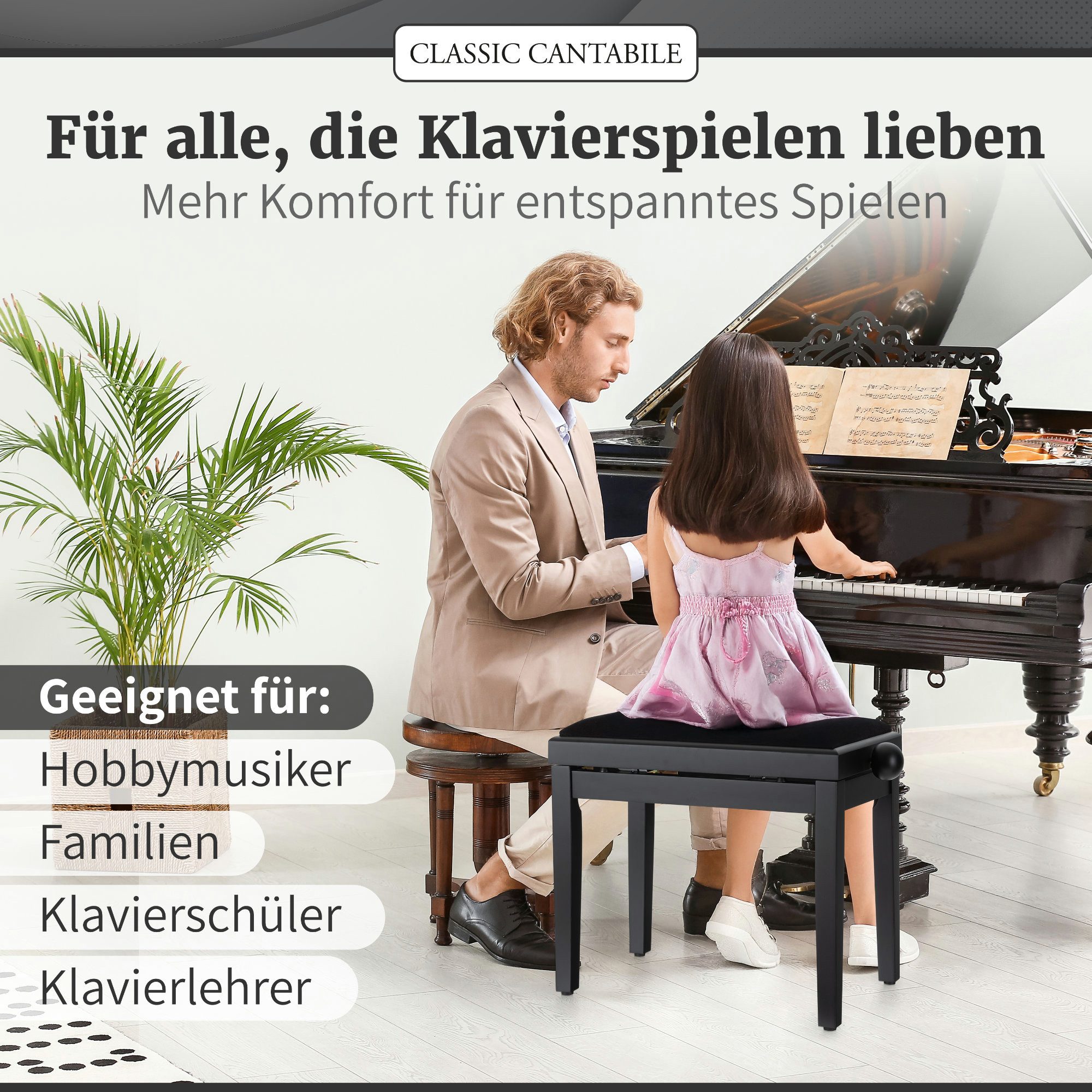 Classic Cantabile Klavierbank Classic Cantabile Pianobank Schwarz Matt (Hochwertiger Sitzkomfort, 1-St., Sitzfläche 55 x 32 cm), Leichtgängige Spindelmechanik – Bild 5 von 5