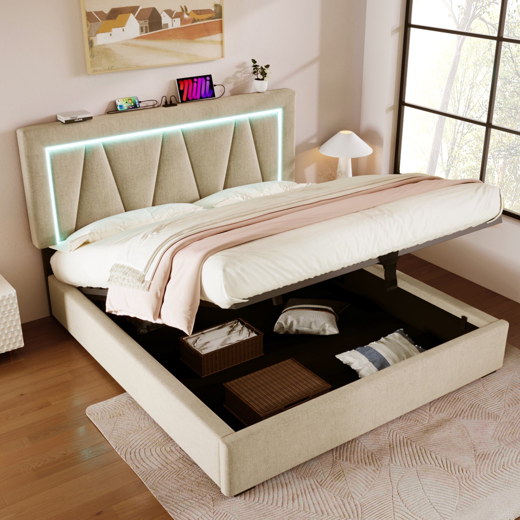 OKWISH Polsterbett LED Doppelbett mit USB günstig online kaufen