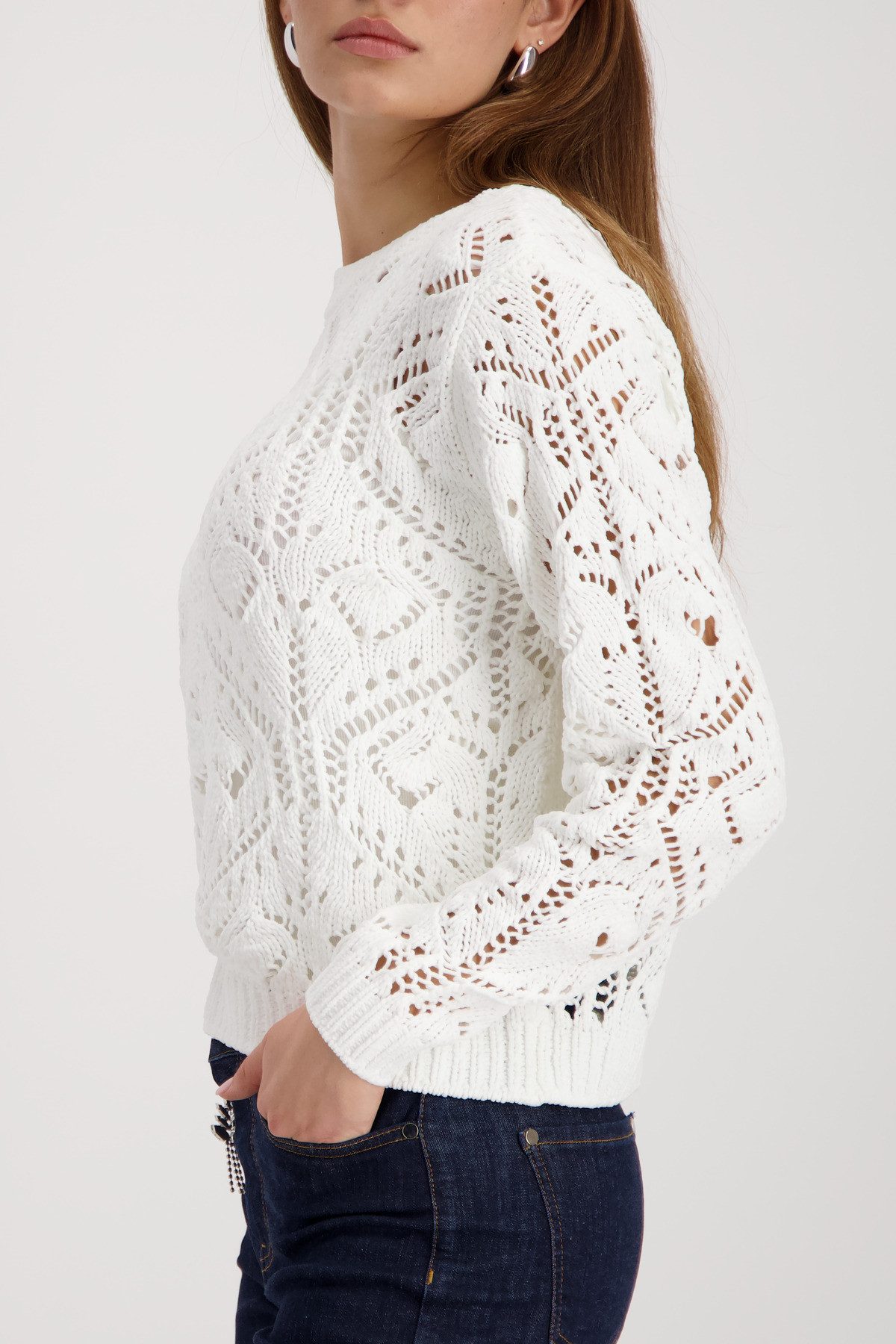 Monari Strickpullover Ajour Rundhalsausschnitt, Chenillegarn, Leicht übersc günstig online kaufen