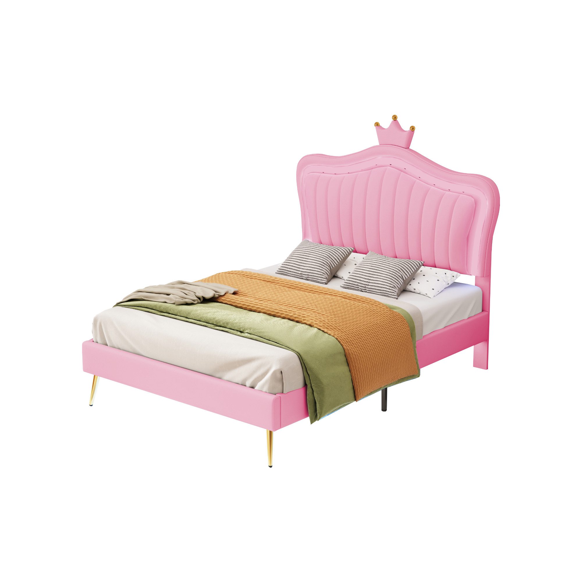 HAUSS SPOLE Polsterbett Polsterbett Funktionsbett Bettrahmen KInderbett Einzelbett (Bettgestell für Mädchen, weißes Kronen-Doppelbettgestell aus Leder, mit LED-Leuchten, Lattenrost und Rückenlehne 90 x 200 cm), Ohne Matratze