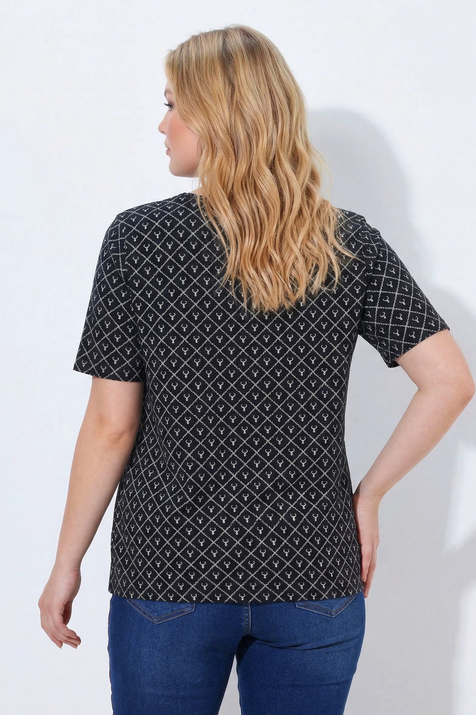 Ulla Popken T-Shirt T-Shirt Hirschgeweih A-Linie V-Ausschnitt Halbarm