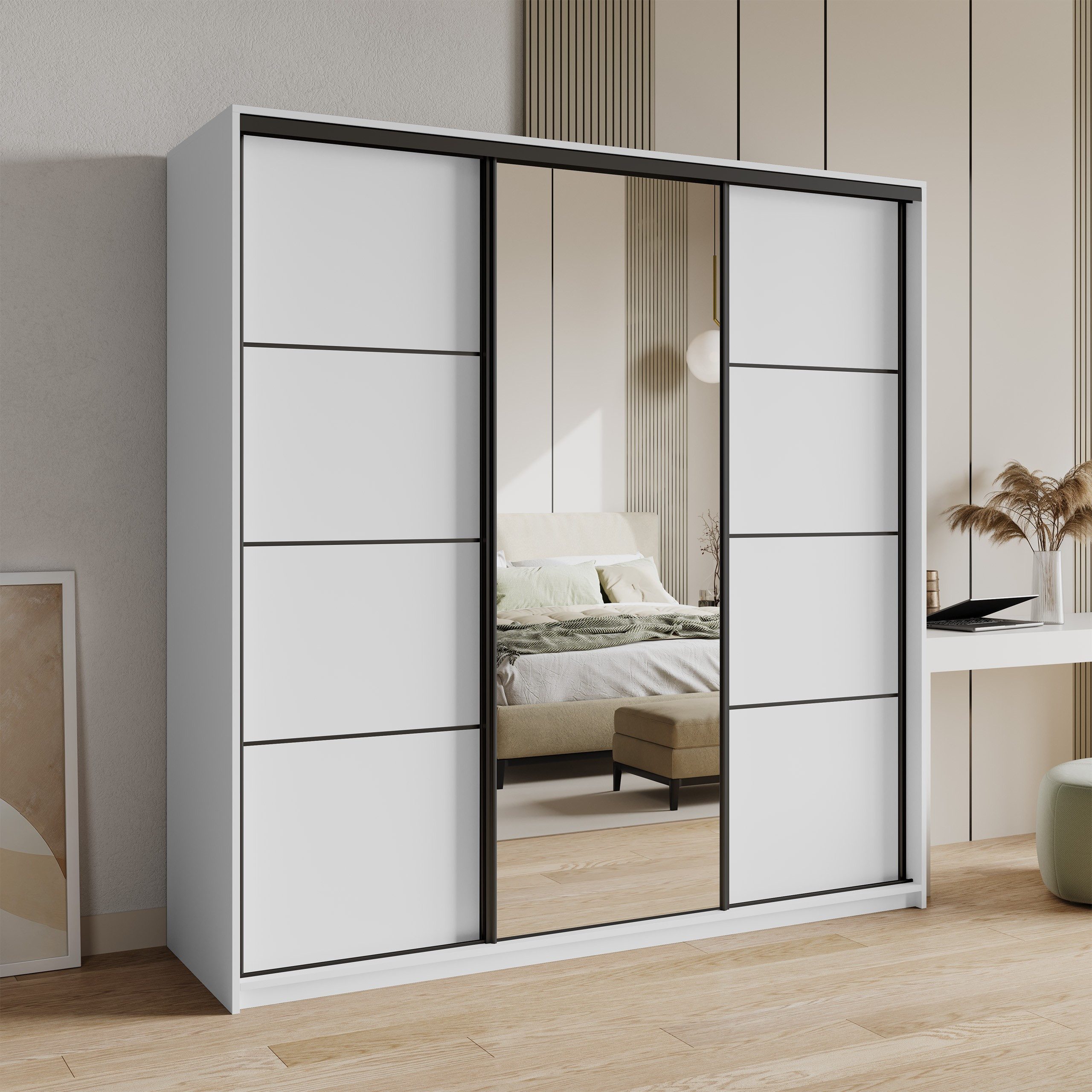 Masseno Schwebetürenschrank VARO 200 cm Kleiderschrank mit Spiegel 3 Türen und 4 Schubladen Weiß