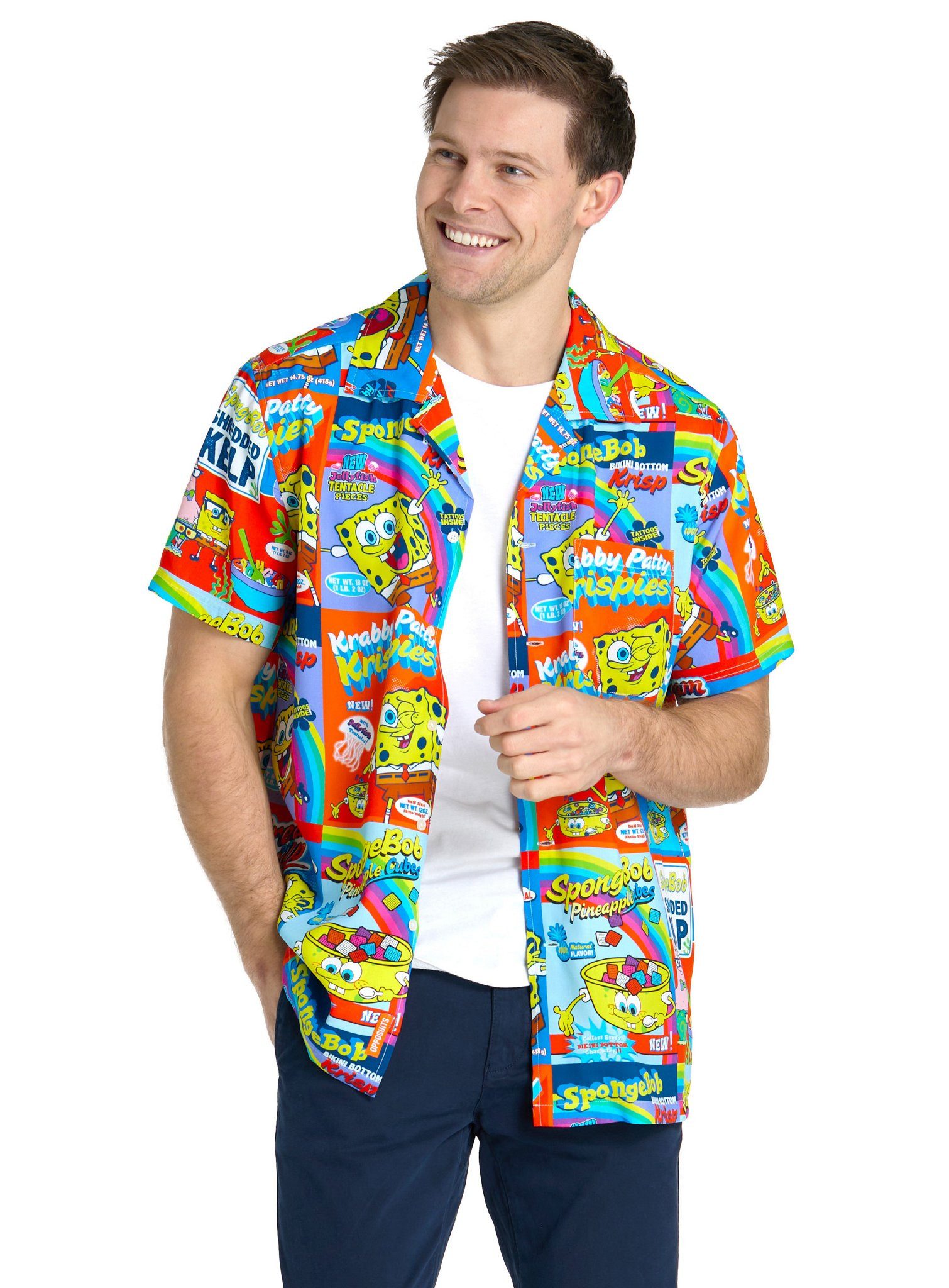 Opposuits Kostüm Spongebob Breakfast Sommerhemd, Hawaiihemd mit Spongebobs Frühstückscerealien