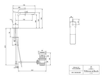 Villeroy & Boch Waschtischarmatur Subway 3.0 Einhebel 110, mit Zugstangen-Ablaufgarnitur, Standmontage - Chrom