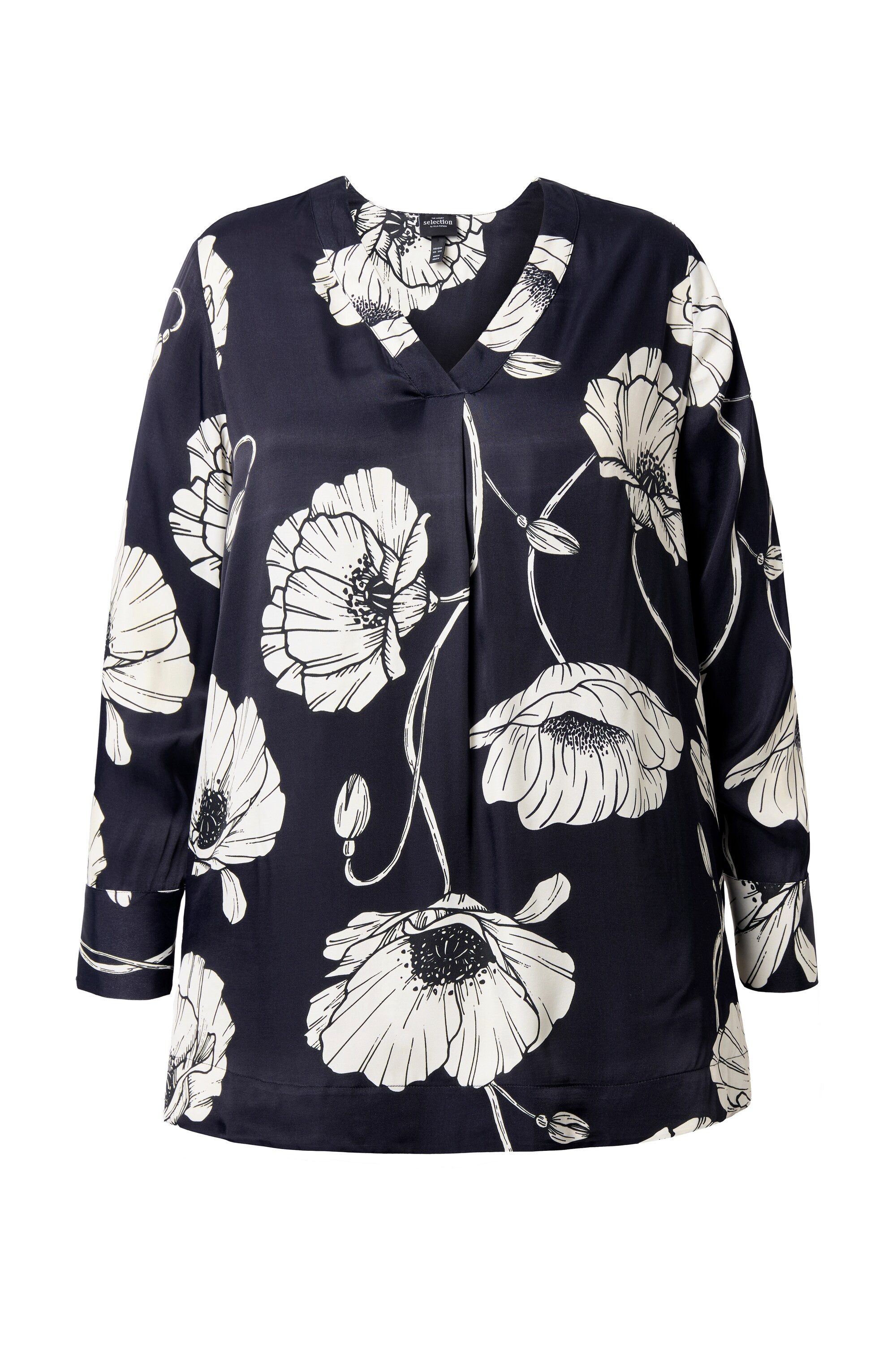 Druckbluse Satin-Tunika Blüten V-Ausschnitt Langarm