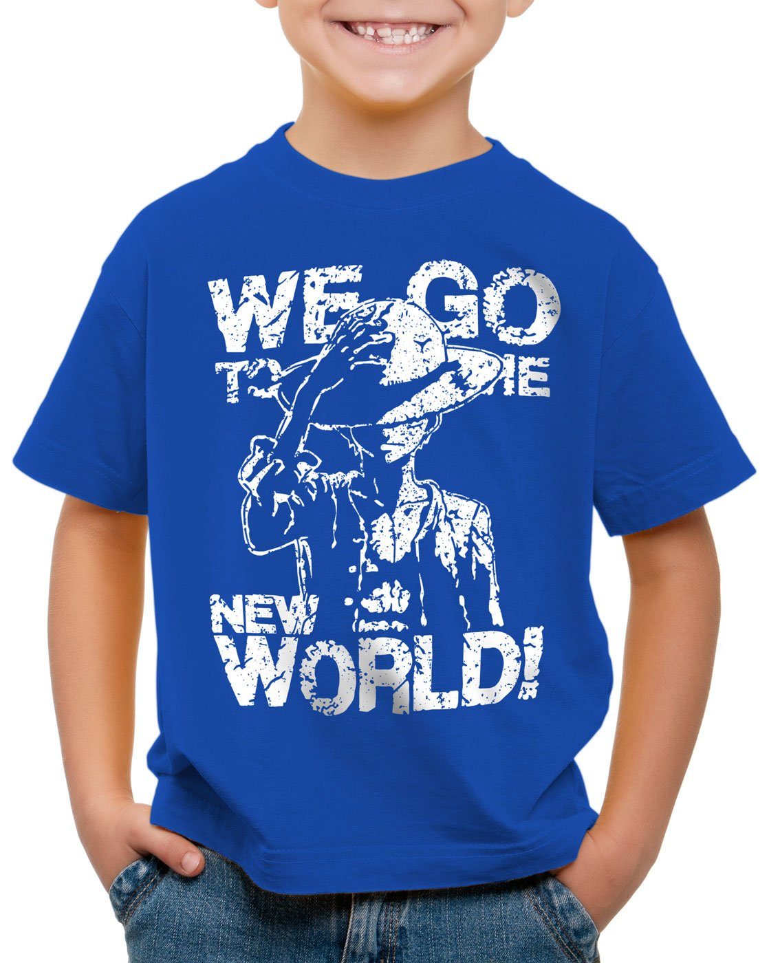 style3 Print-Shirt Kinder T-Shirt New World Pirate Ruffy Strohhut Anime blau