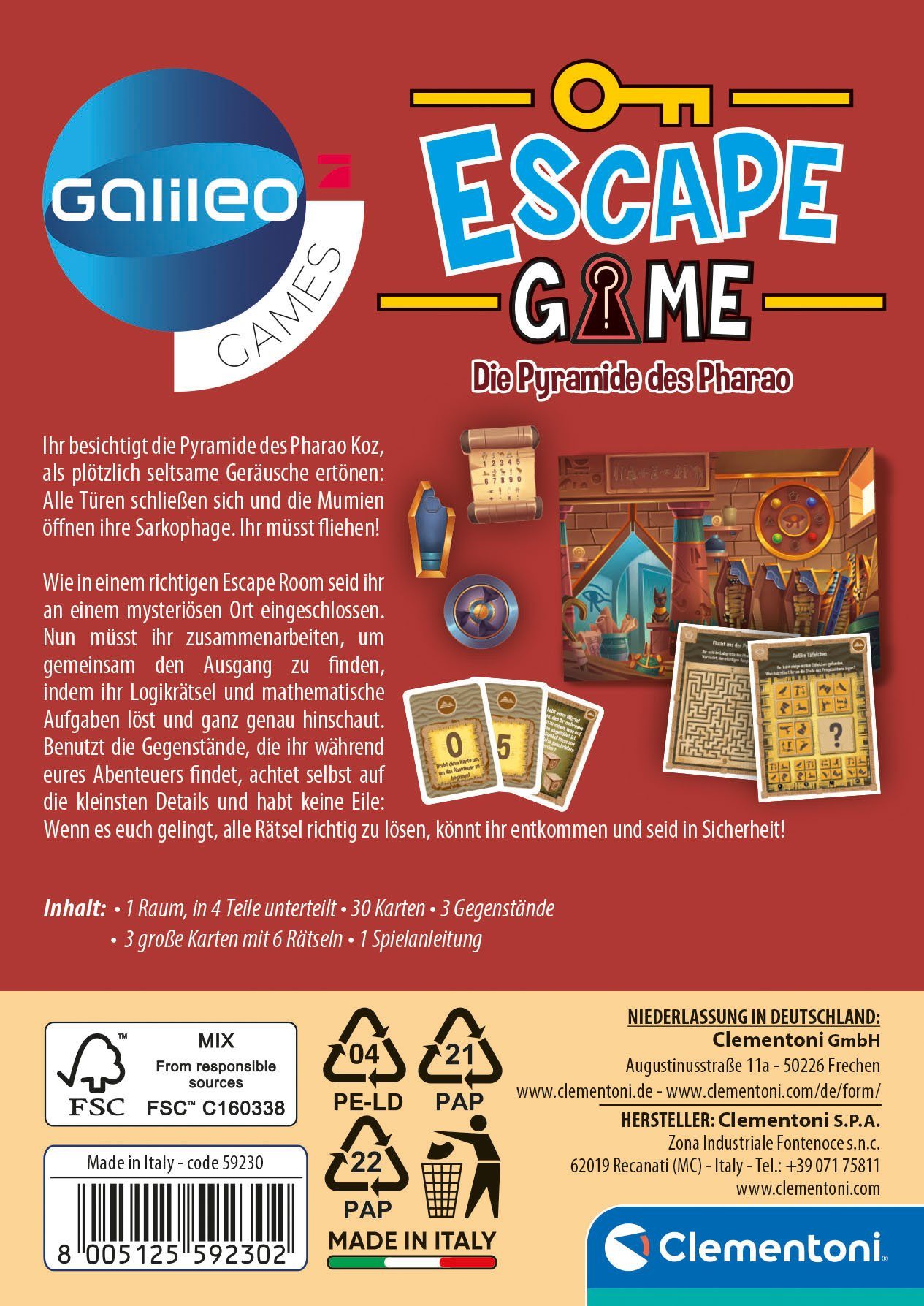 Clementoni® Spiel Galileo, Escape Game Die Pyramide des Pharao, Detektivspiel, Made in Europe