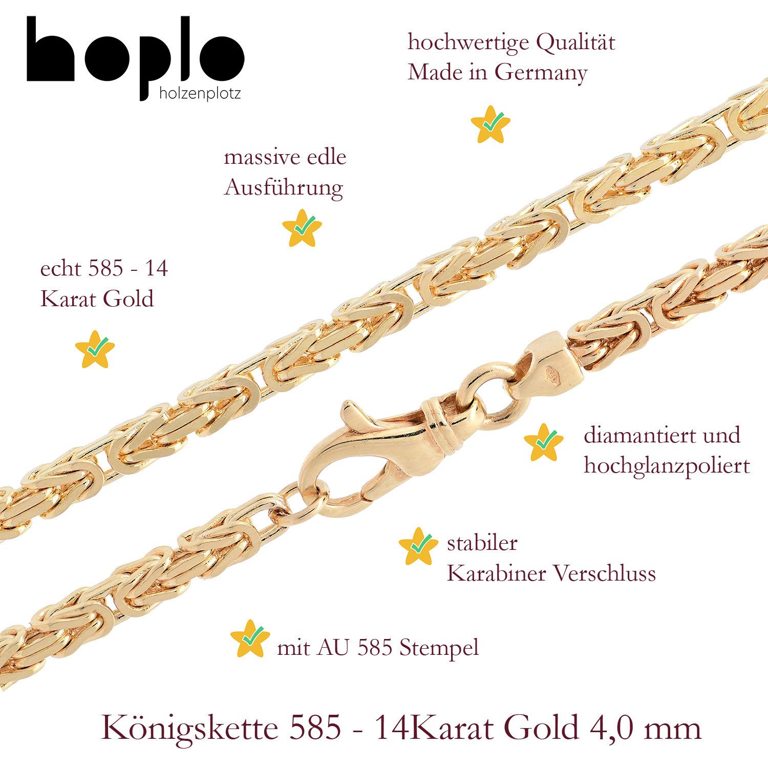 HOPLO Königskette Goldkette Königskette Länge 19cm - Breite 4,0mm - 585-14 Karat Gold, Made in Germany