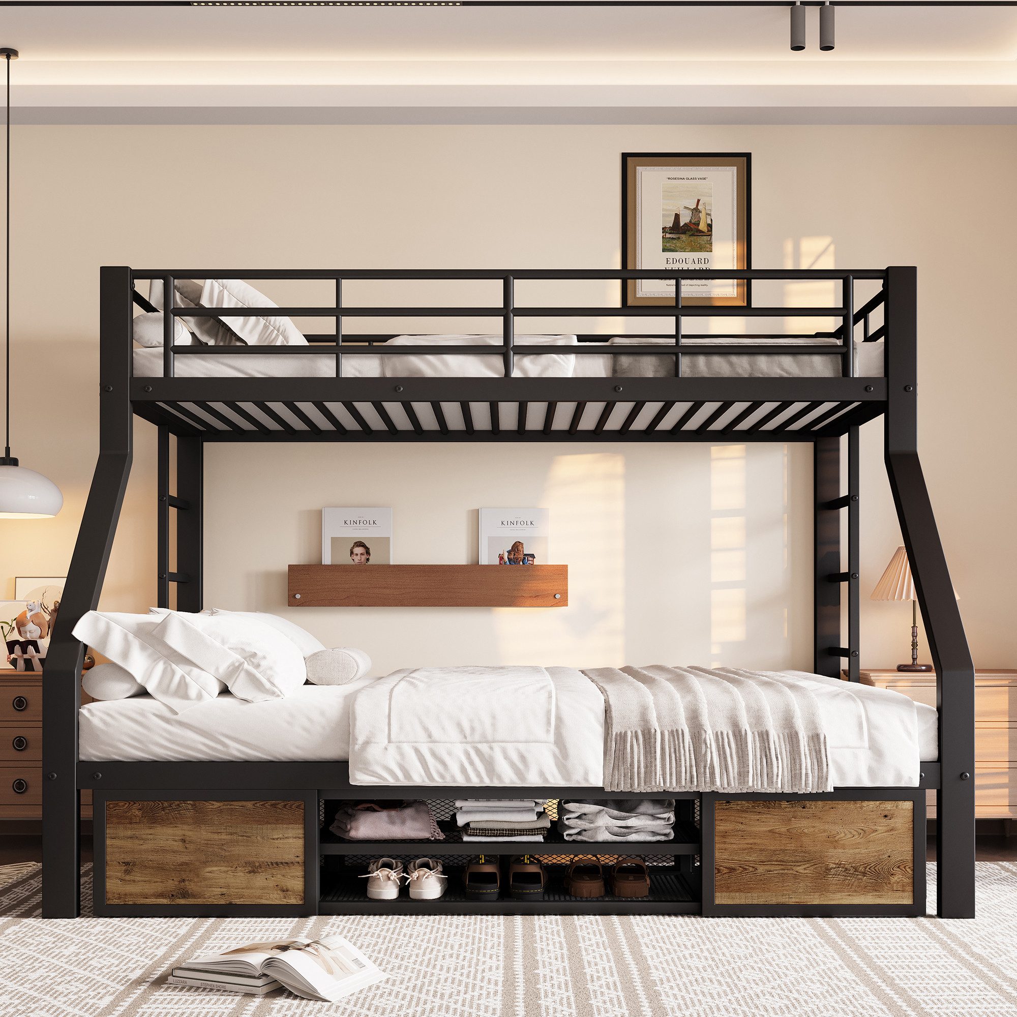 Merax Etagenbett 90x200cm & 140x200cm mit Eisenrahmen (Jugendbett Doppelbett Stockbett, 1-St), Metallbett Kinderbett mit Schuhschrank, Staufächern, Geländer & Leiter