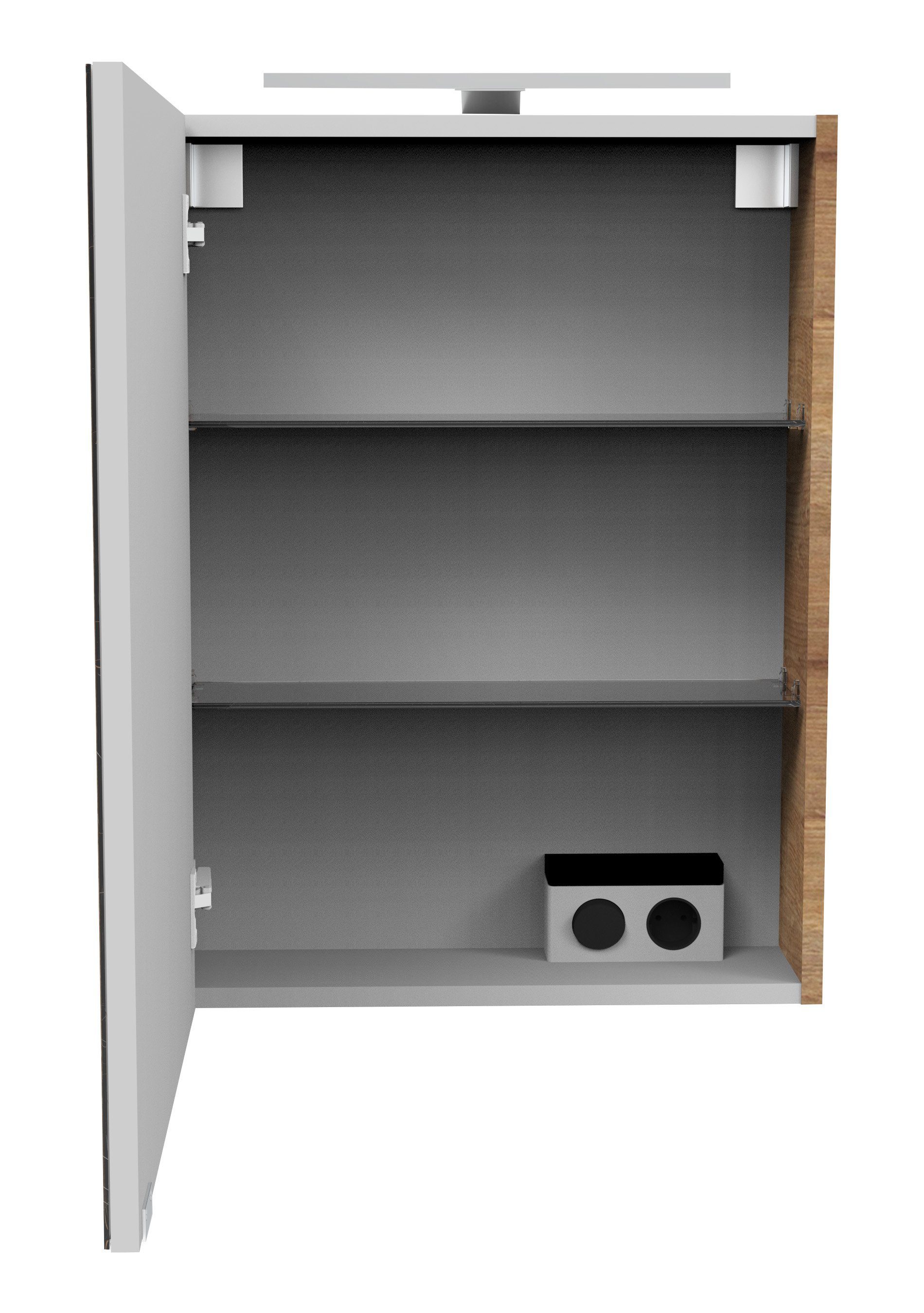 FACKELMANN Spiegelschrank SBC (Spiegelschrank mit LED-Aufsatzleuchte) Aufsatzleuchte, Schalter und Steckdose, Breite 50cm, Anschlag links