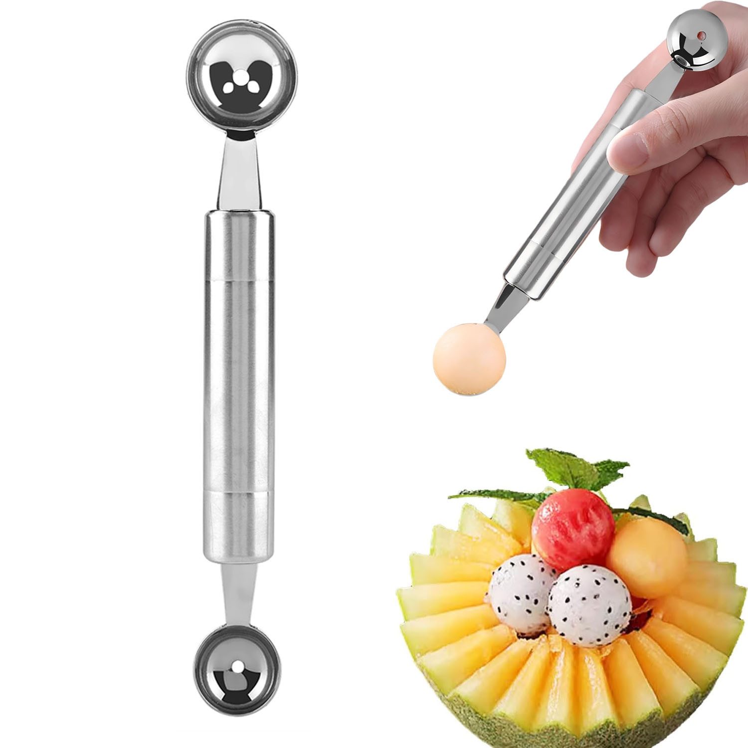 SURFOU Kugelausstecher Edelstahl Melonenkugelformer Doppelend – 2 Größen Kugelausstecher, 20 cm Kugelausstecher, doppelendig mit 2,5 cm&3 cm Kugelformern