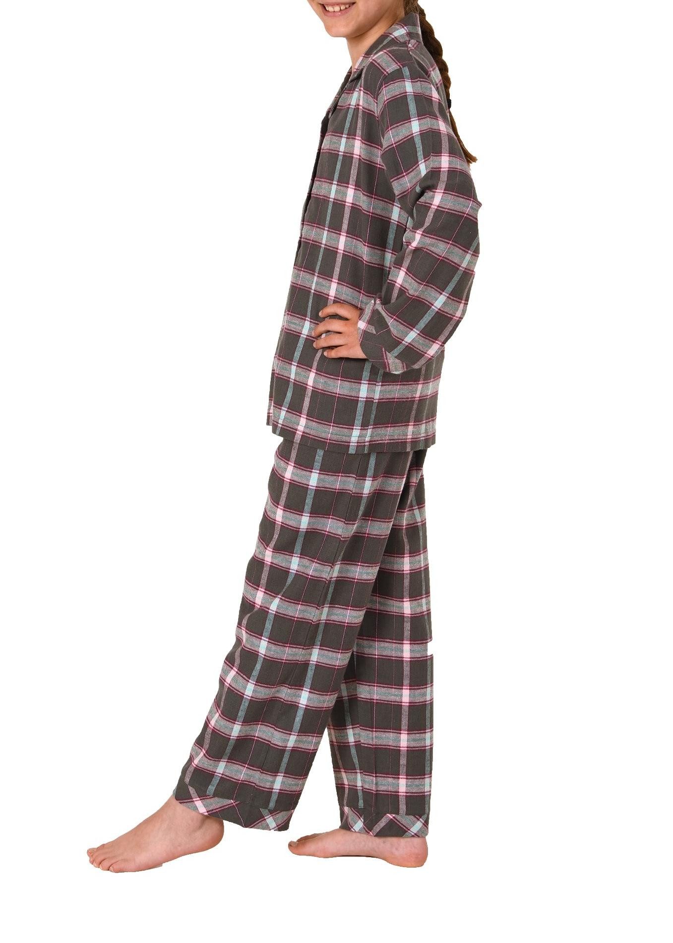 Normann Pyjama Mädchen Flanell langarm Schlafanzug in Karo Optik mit Knopfleiste