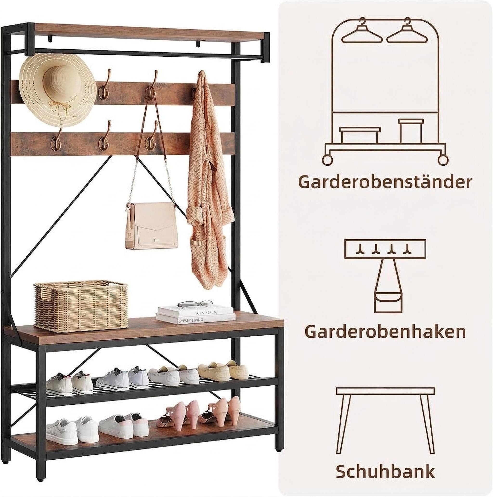GarveeMore Garderobenständer 4-in-1 mit Sitzbank,3 Etagen Ablage und 8 Haken,183cm, mit Schuhbank,verstellbare Füße,Kleiderstange,101x40x183cm – Bild 4 von 5