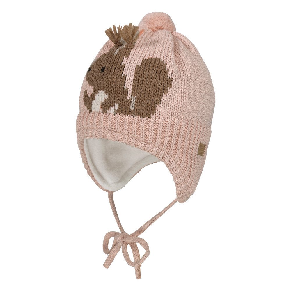 Strickmütze MINI GIRL-Mütze, ausgenäht Intarsie Eichhörnchen, Pompon, Futter