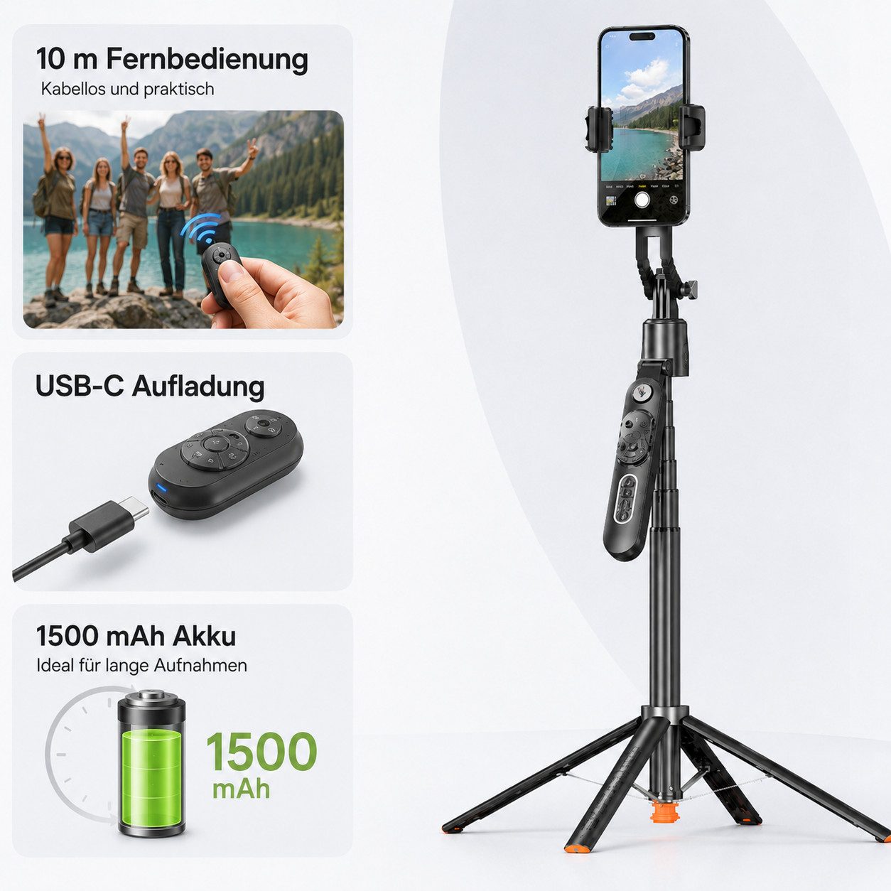 pedete Selfie-Stick 360° Gesichtsverfolgung Bluetooth-Fernbedienung 183 cm Teleskopstativ, integrierter Nachführfunktion Vlog/Live-Stream/Videoaufzeichnung – Bild 5 von 5