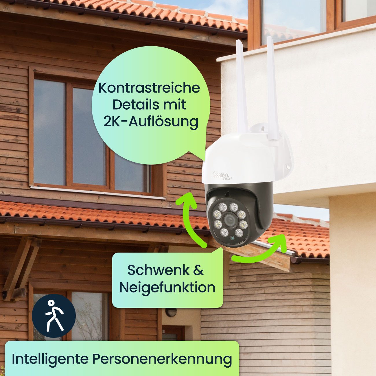 Casativo Überwachungskamera 2K WLAN Outdoor Überwachungskamera mit IP66 Pan-Tilt 15m Sirene (2-tlg., 355°/120° Verfolgung, Gegensprechen, 15 m Erkennung, 95 dB Sirene)